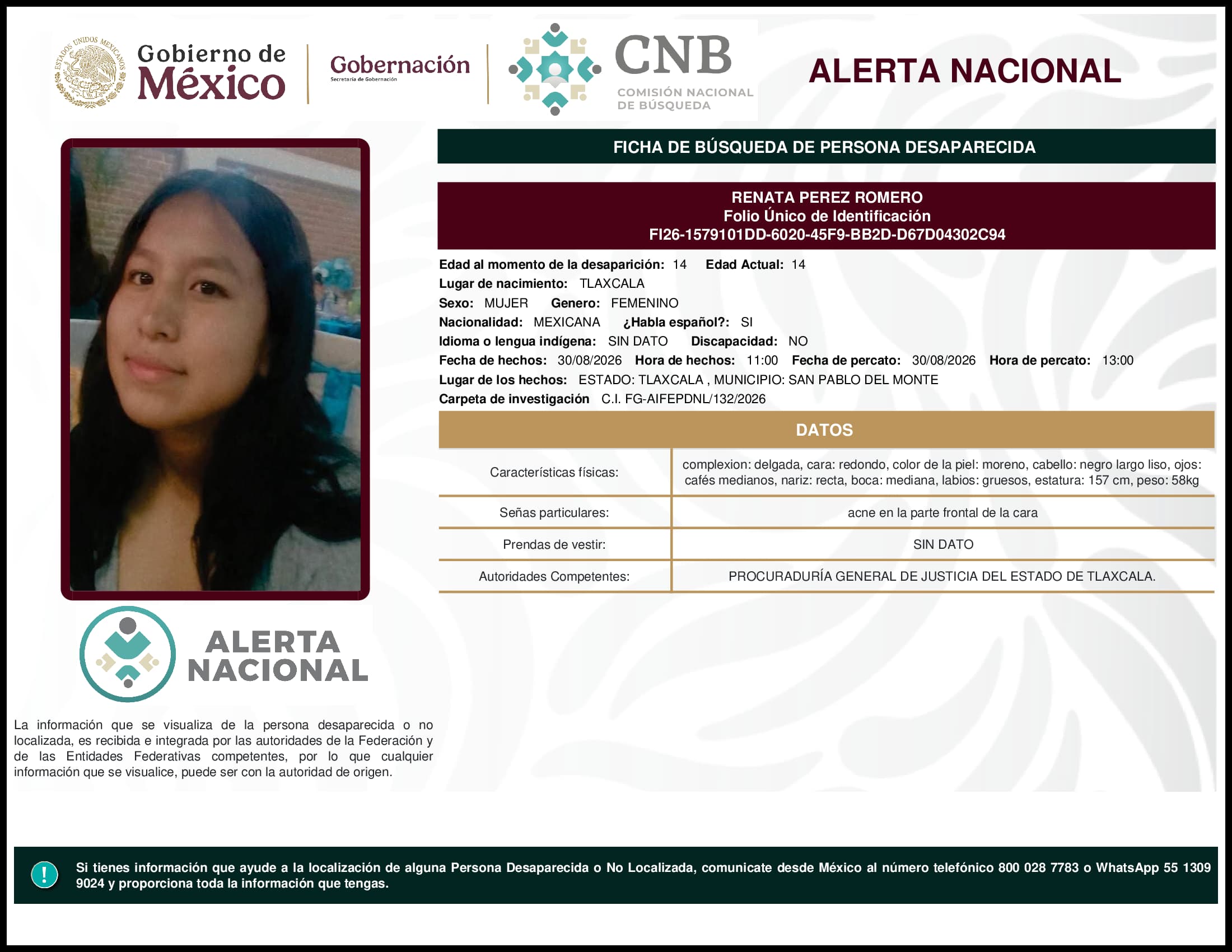 Persona desaparecida Renata Perez Romero