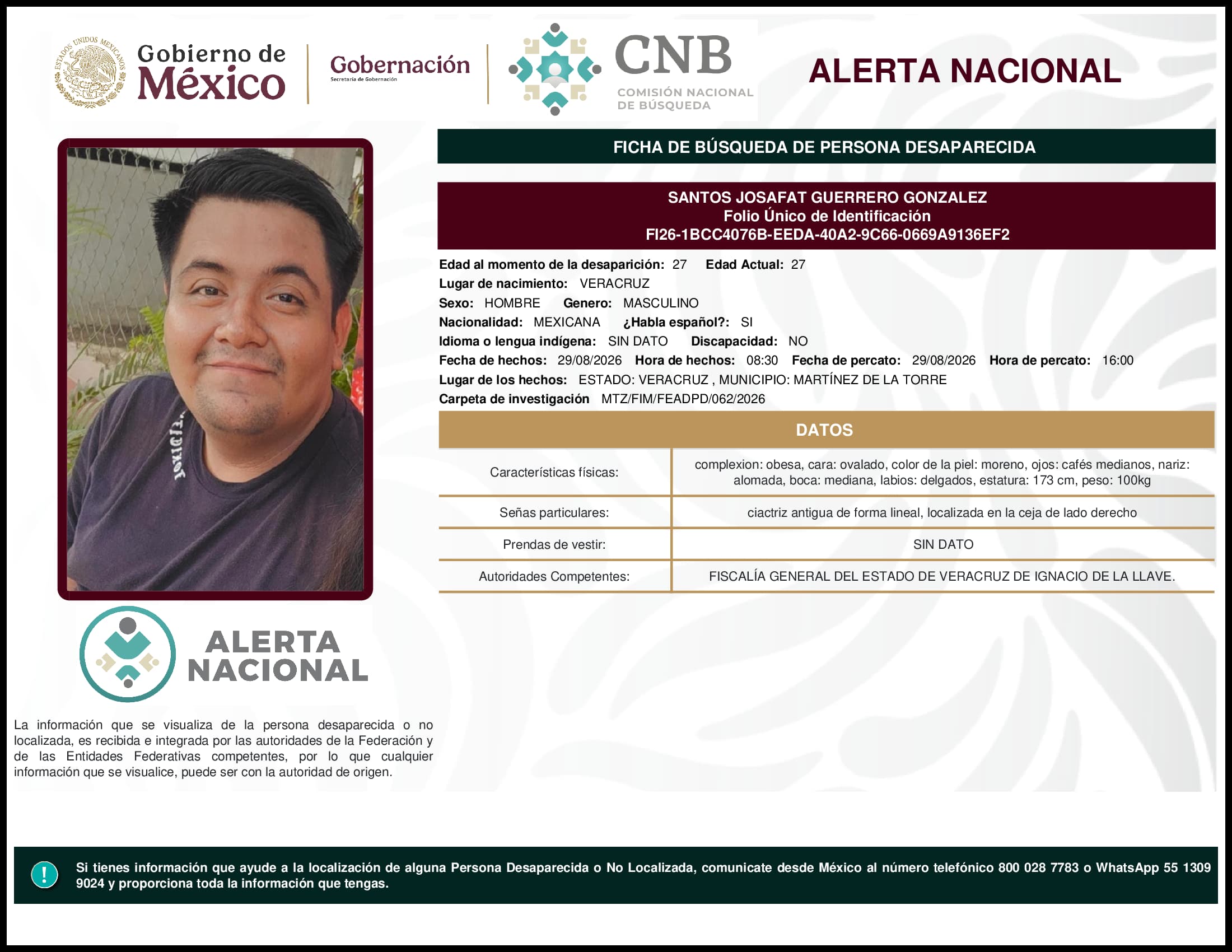 Persona desaparecida Santos Josafat Guerrero Gonzalez