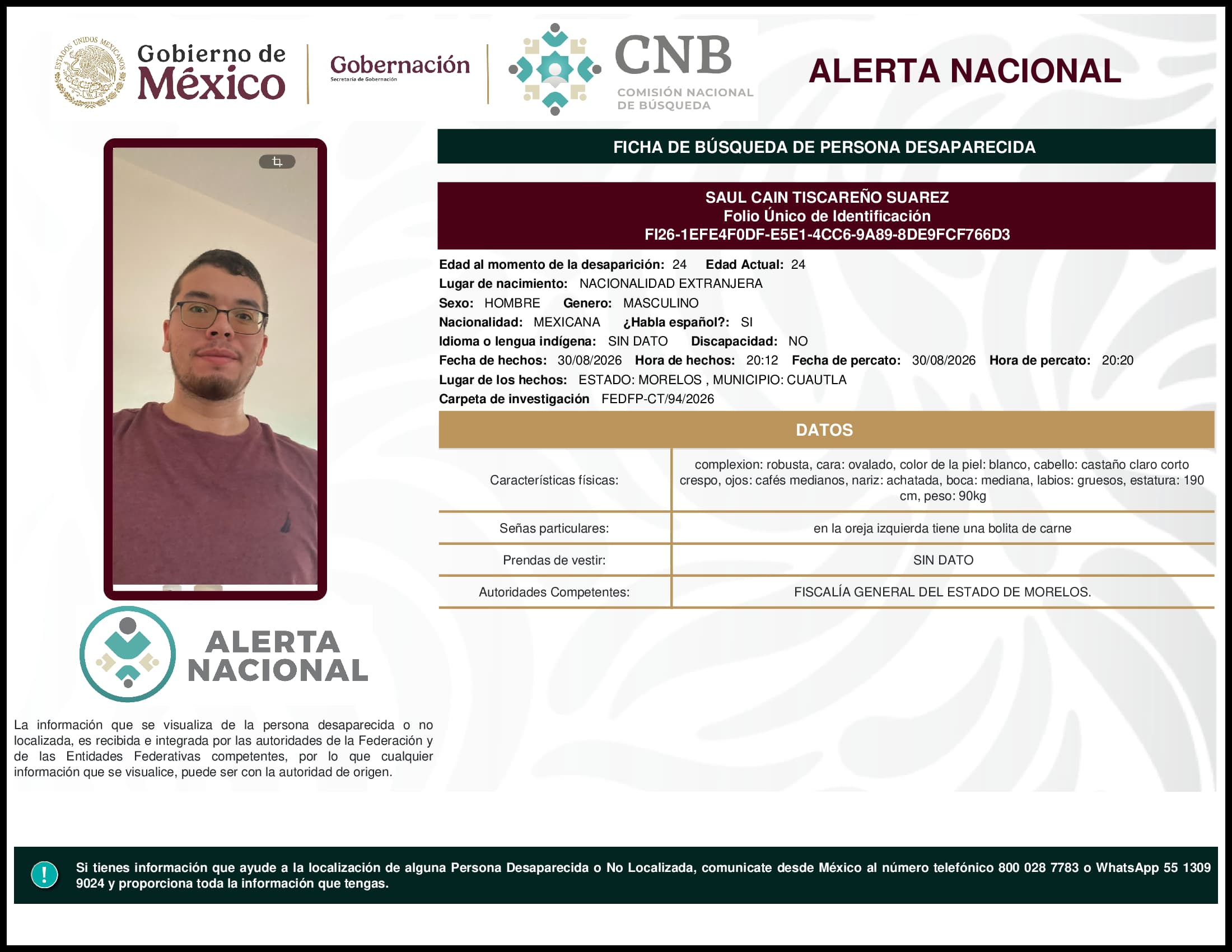 Persona desaparecida Saul Cain Tiscareno Suarez
