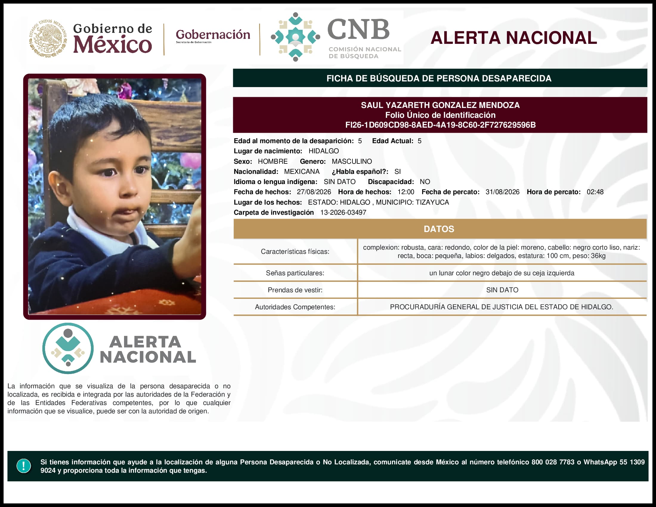 Persona desaparecida Saul Yazareth Gonzalez Mendoza