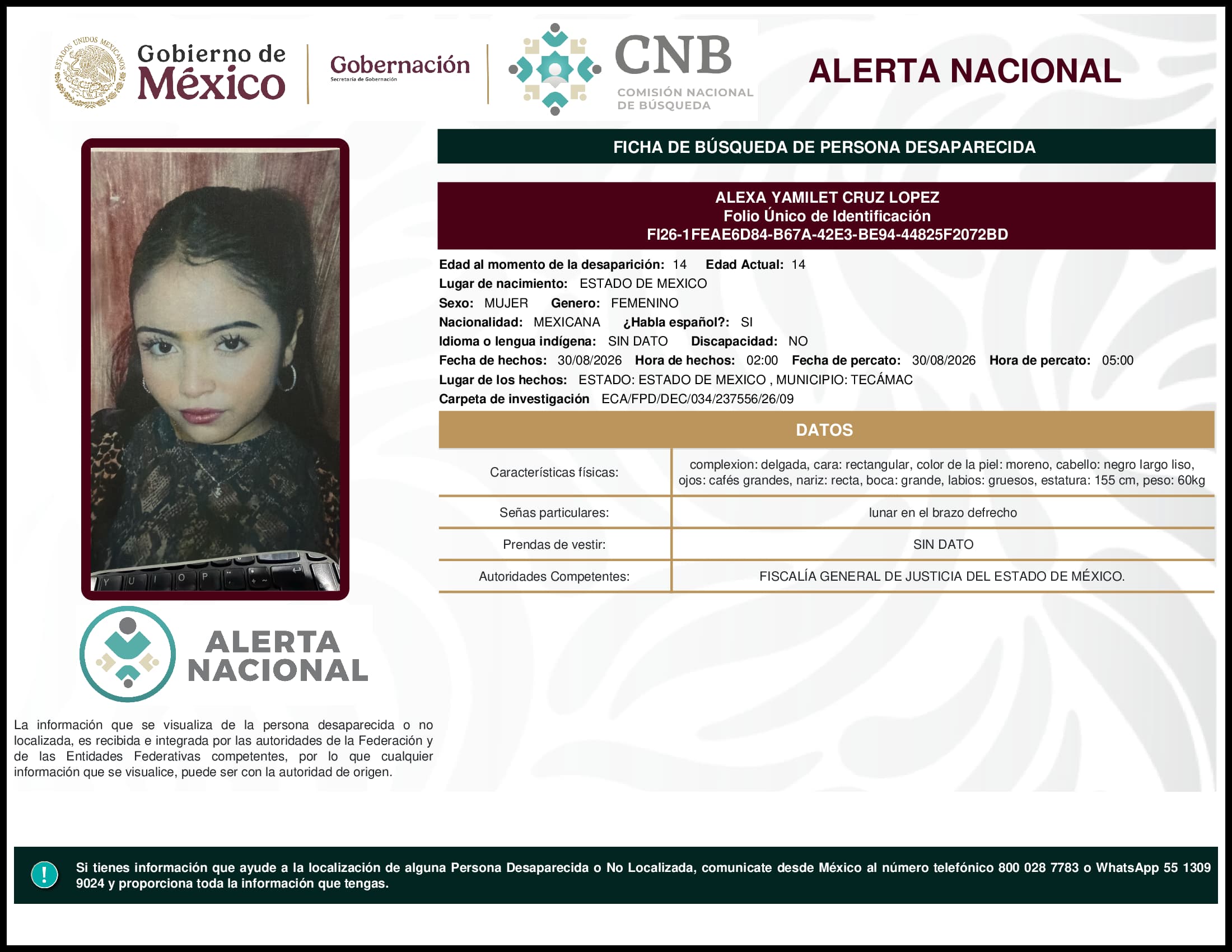 Persona desaparecida Alexa  Yamilet  Cruz  Lopez  
