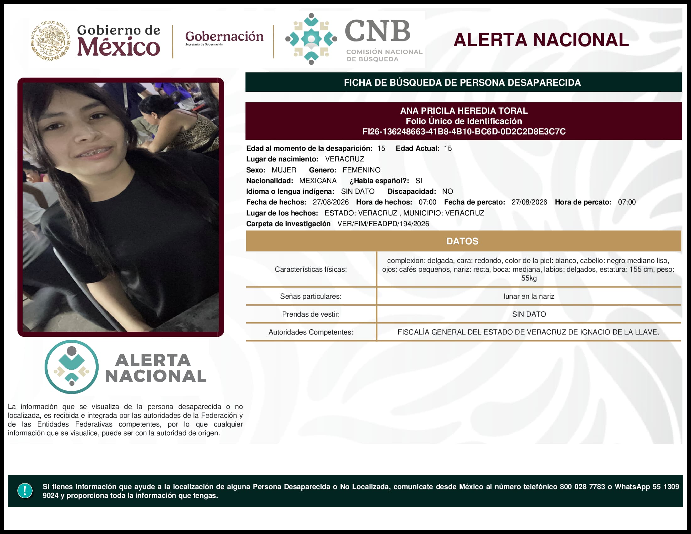 Persona desaparecida Ana  Pricila  Heredia  Toral  