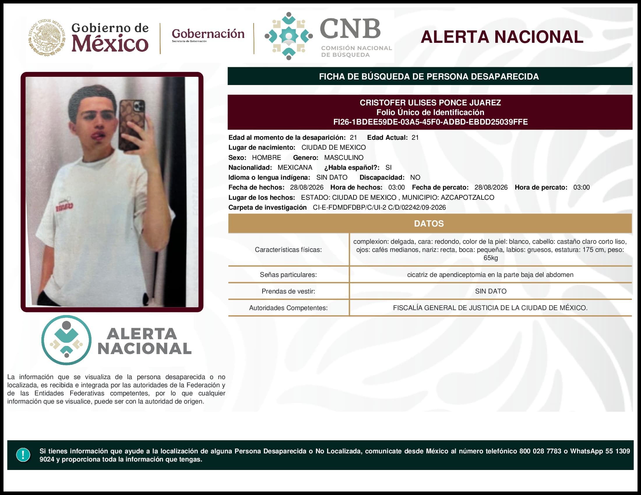 Persona desaparecida Cristofer  Ulises  Ponce  Juarez  
