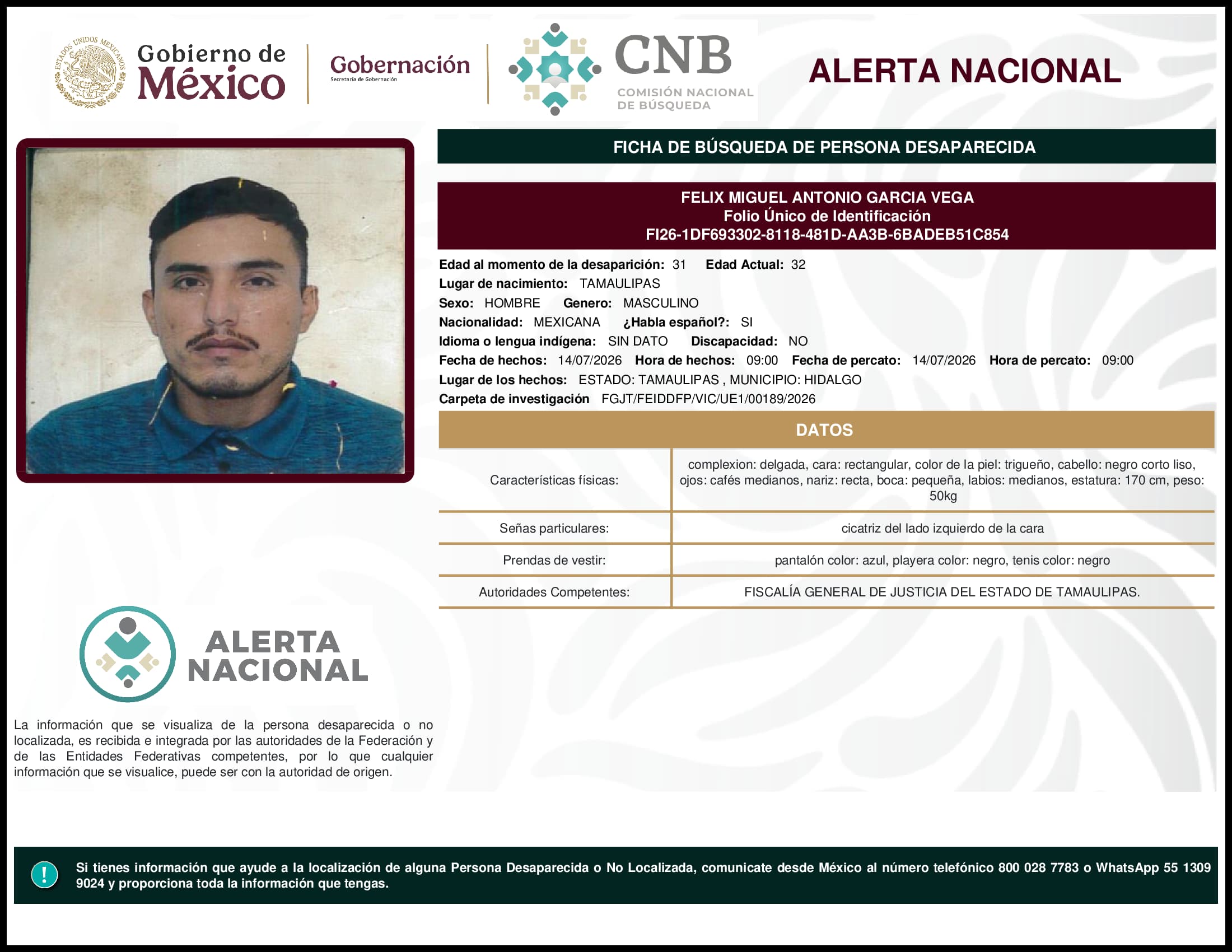 Persona desaparecida Felix  Miguel  Antonio  Garcia  Vega  