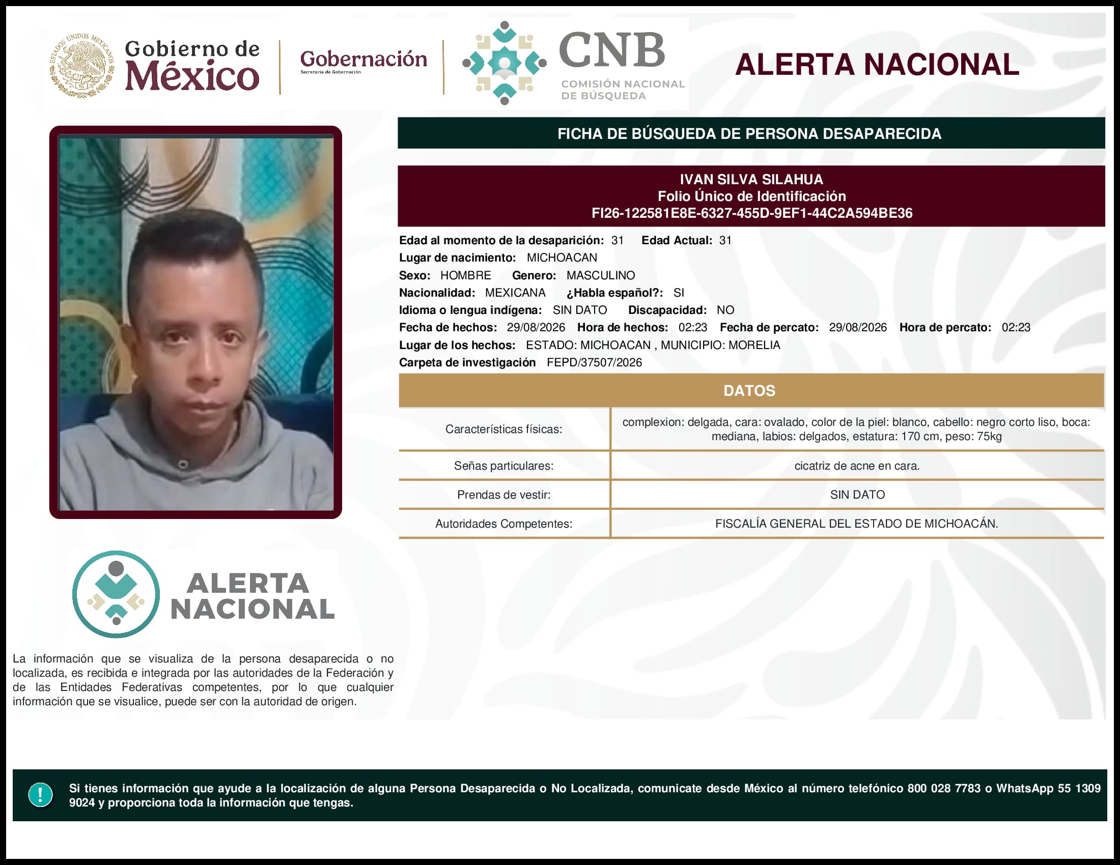 Persona desaparecida Ivan  Silva  Silahua  