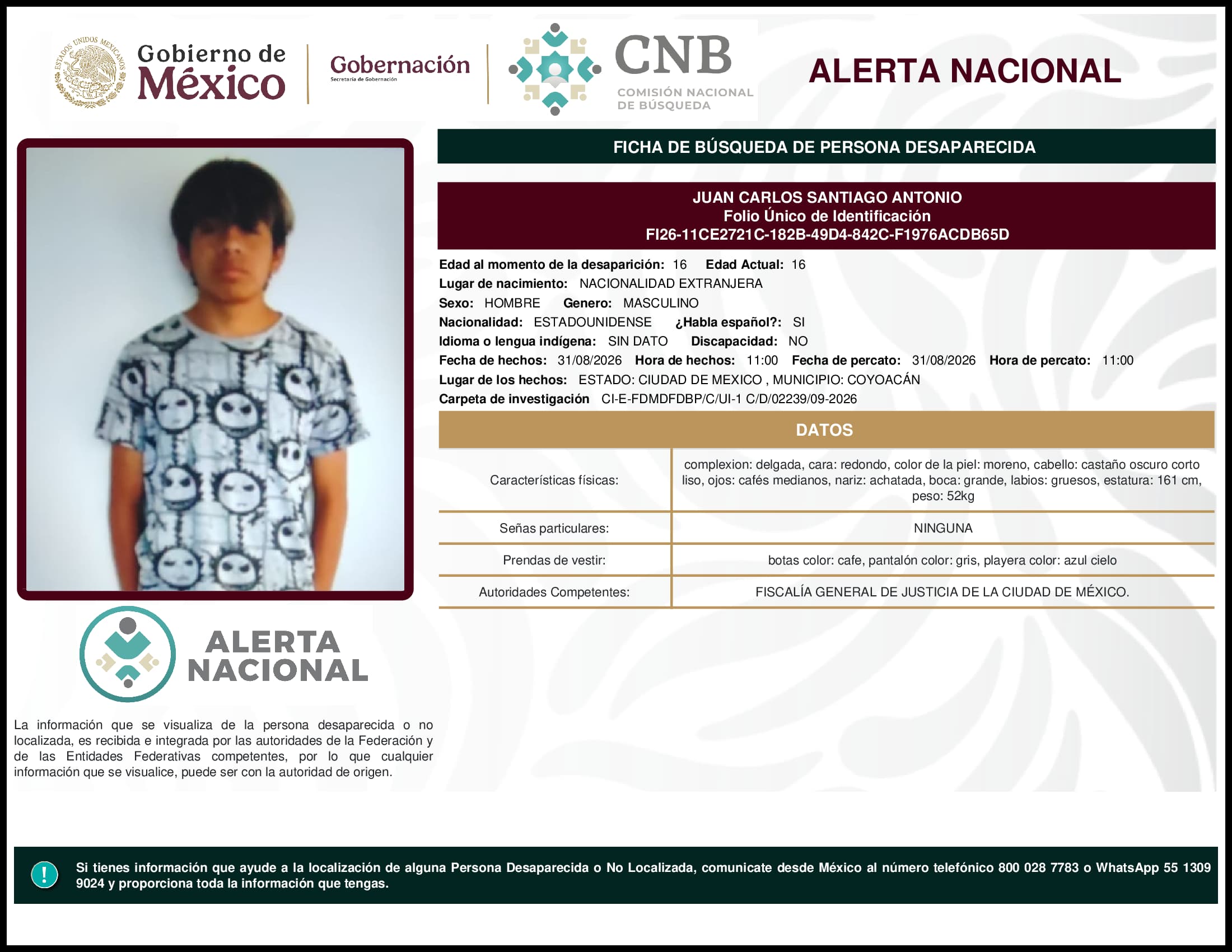 Persona desaparecida Juan  Carlos  Santiago  Antonio  