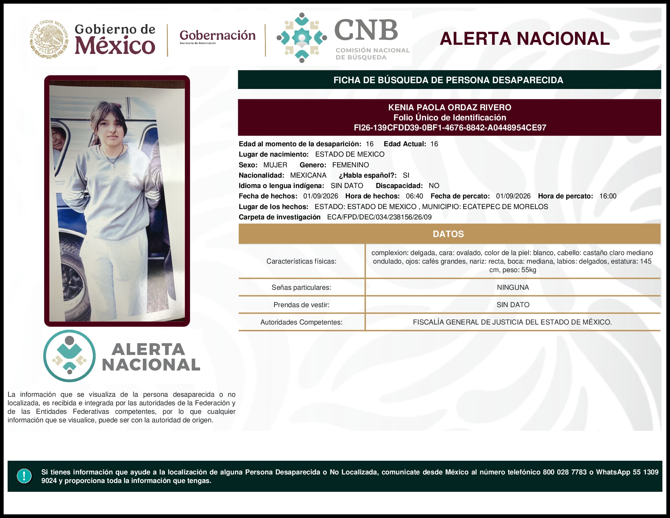 Persona desaparecida Kenia  Paola  Ordaz  Rivero  