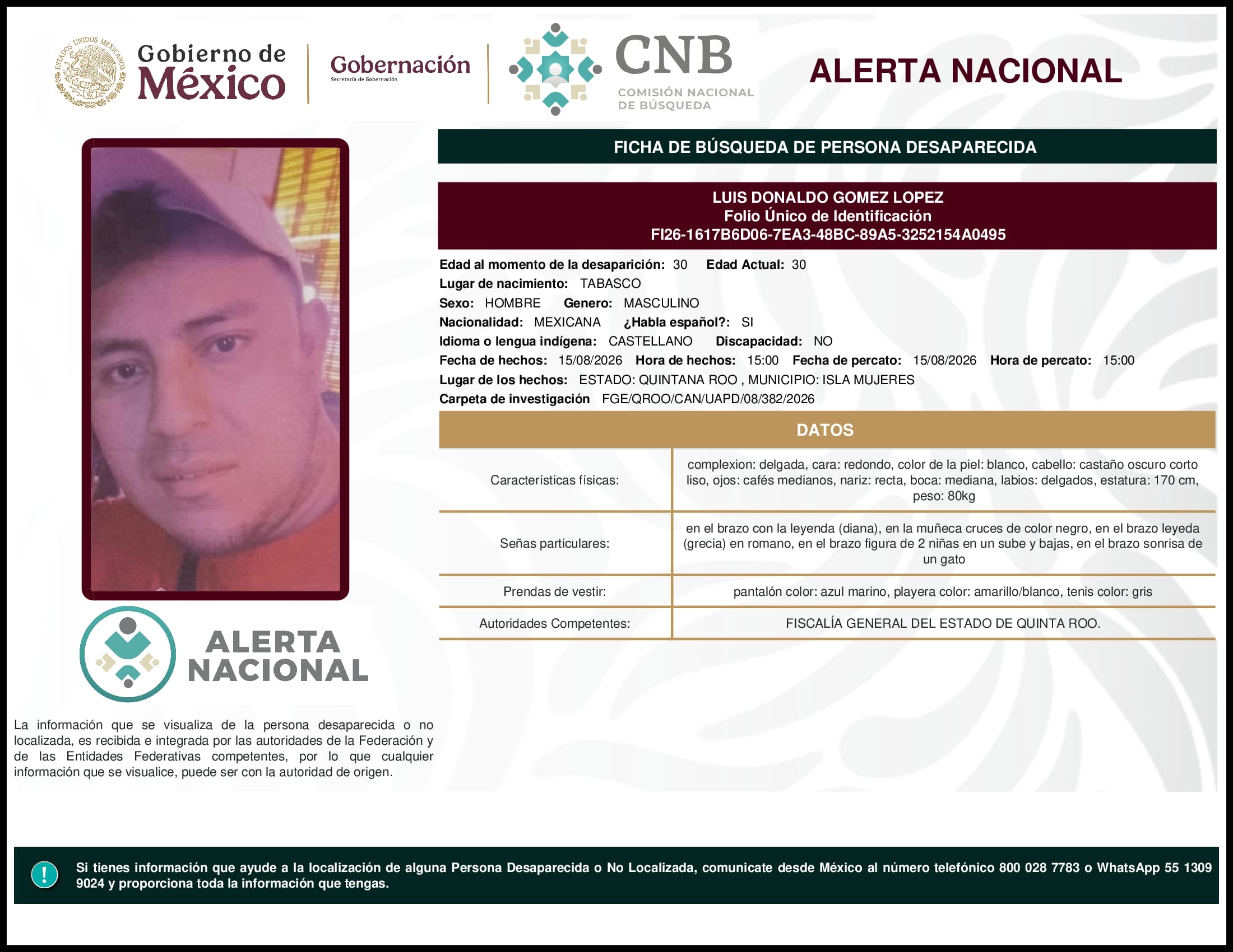Persona desaparecida Luis  Donaldo  Gomez  Lopez  