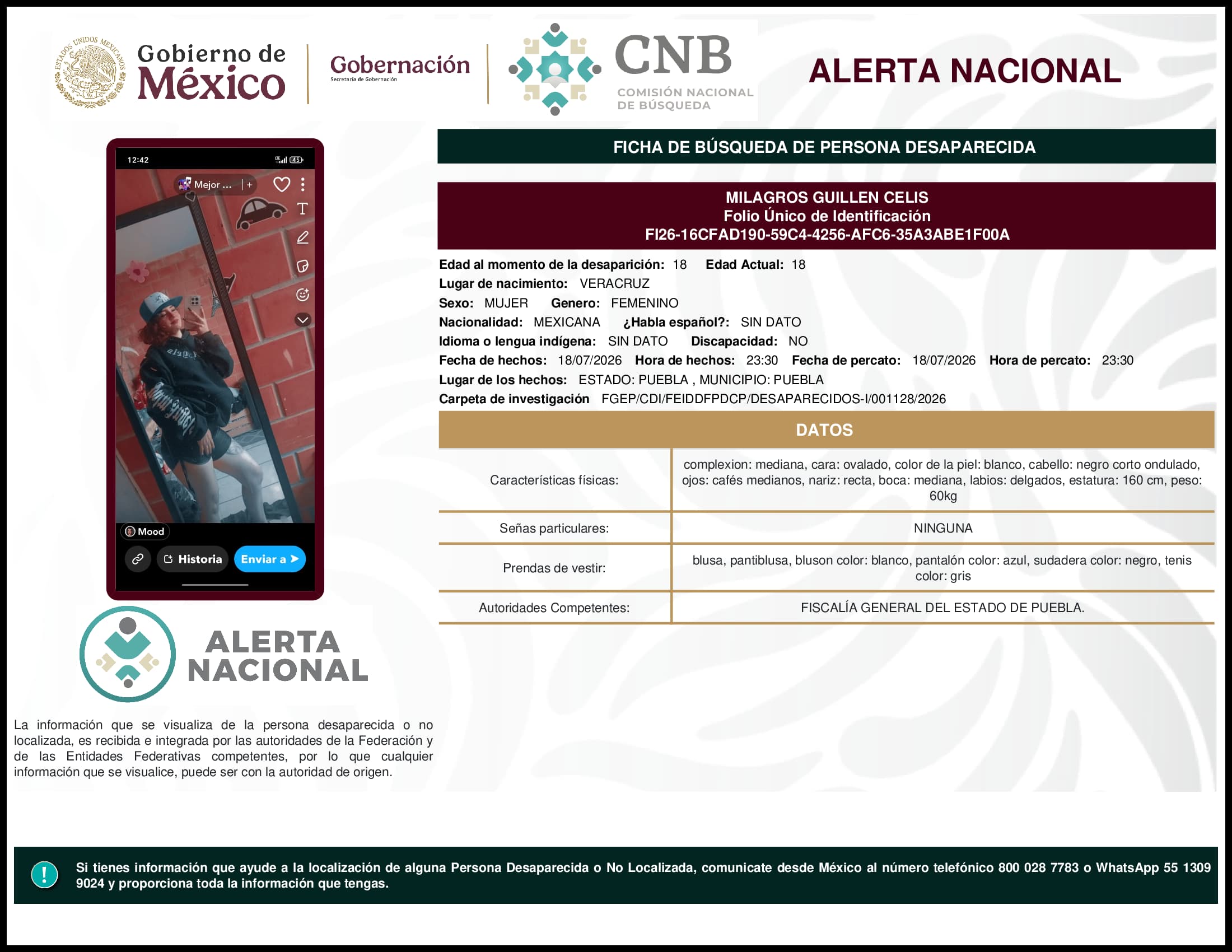 Persona desaparecida Milagros  Guillen  Celis  