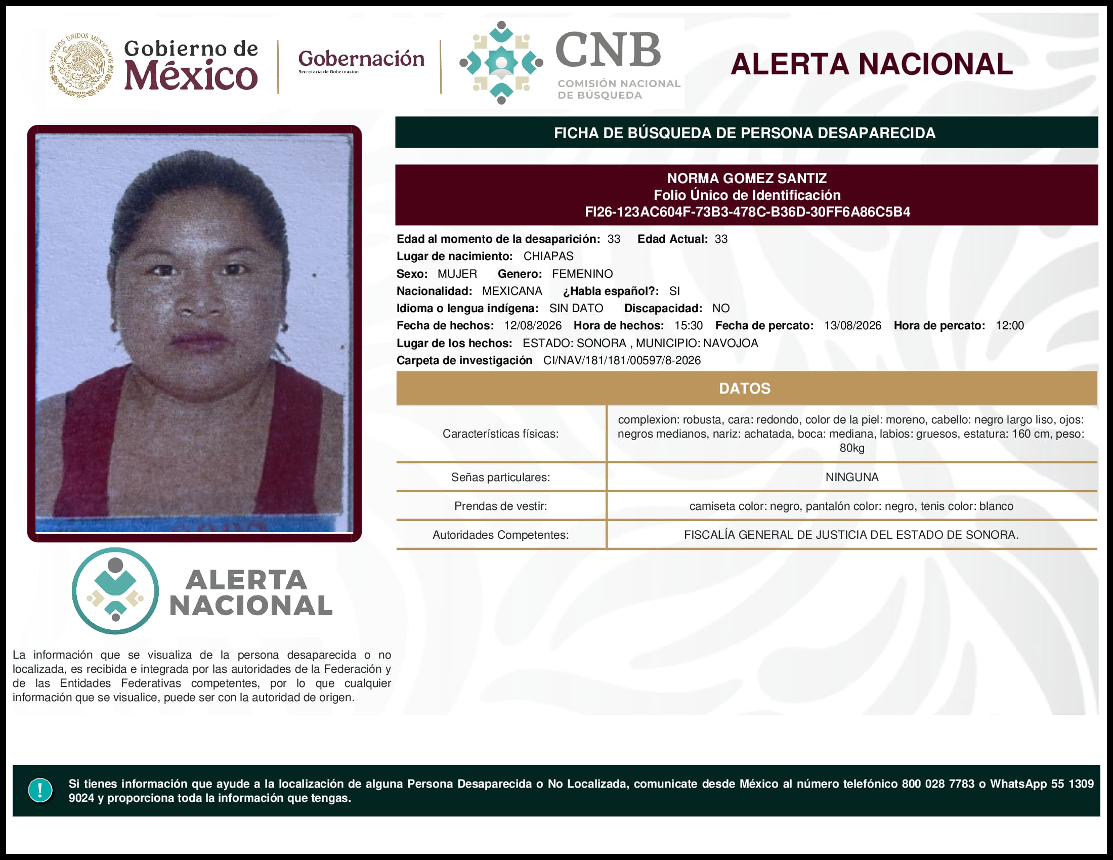Persona desaparecida Norma  Gomez  Santiz  