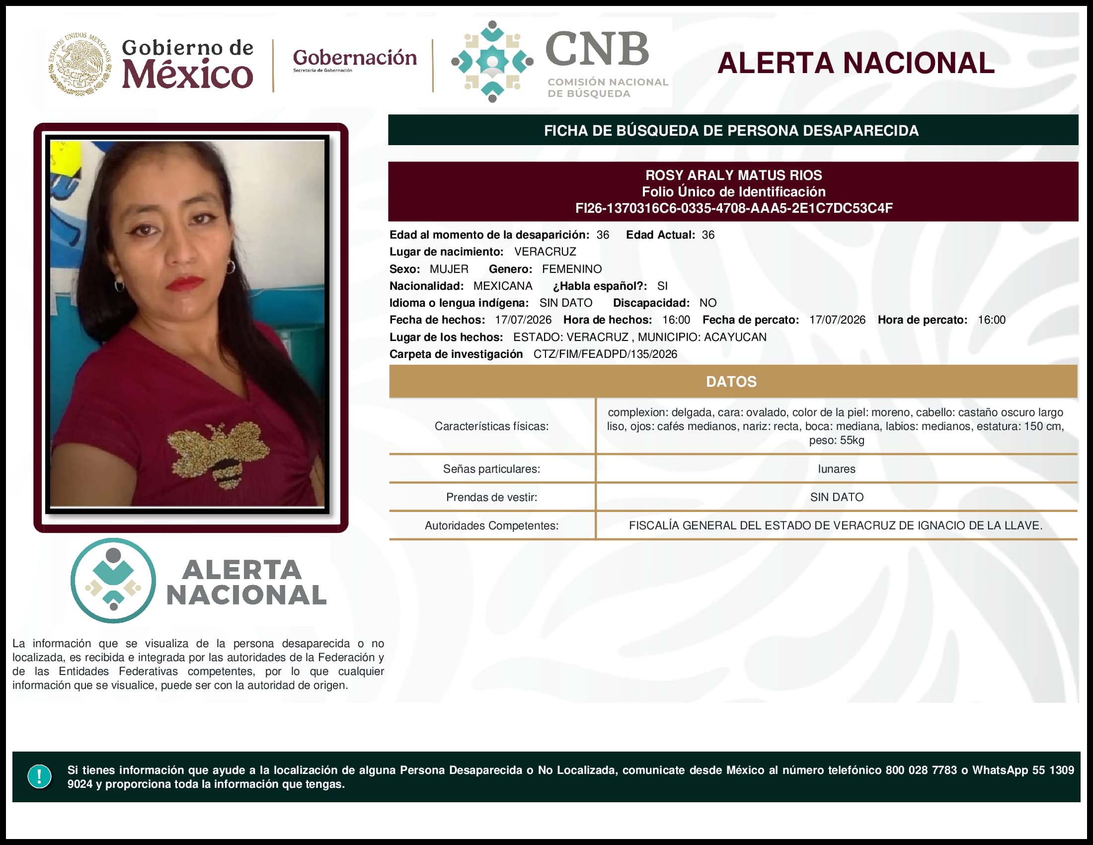 Persona desaparecida Rosy  Araly  Matus  Rios  