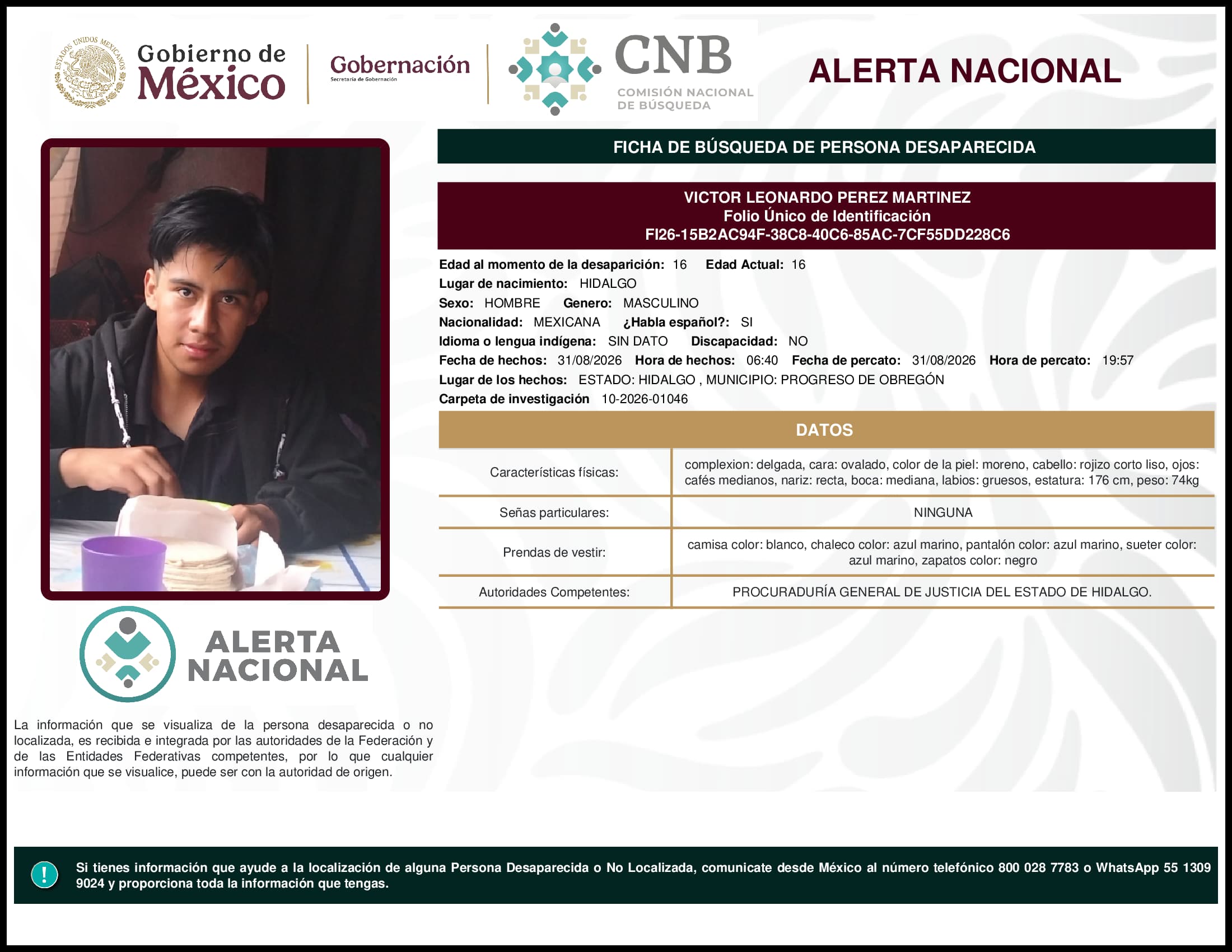 Persona desaparecida Victor  Leonardo  Perez  Martinez  