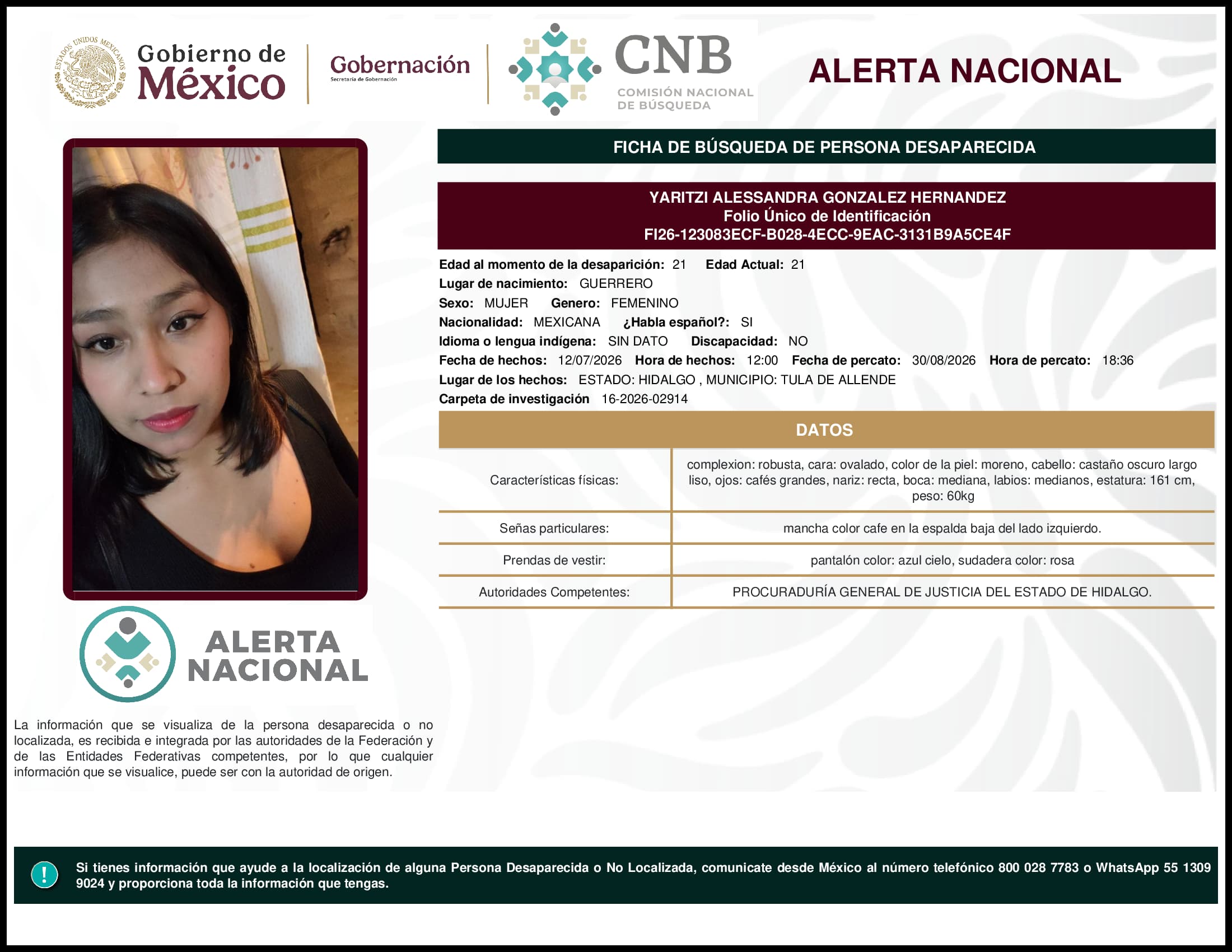 Persona desaparecida Yaritzi  Alessandra  Gonzalez  Hernandez  