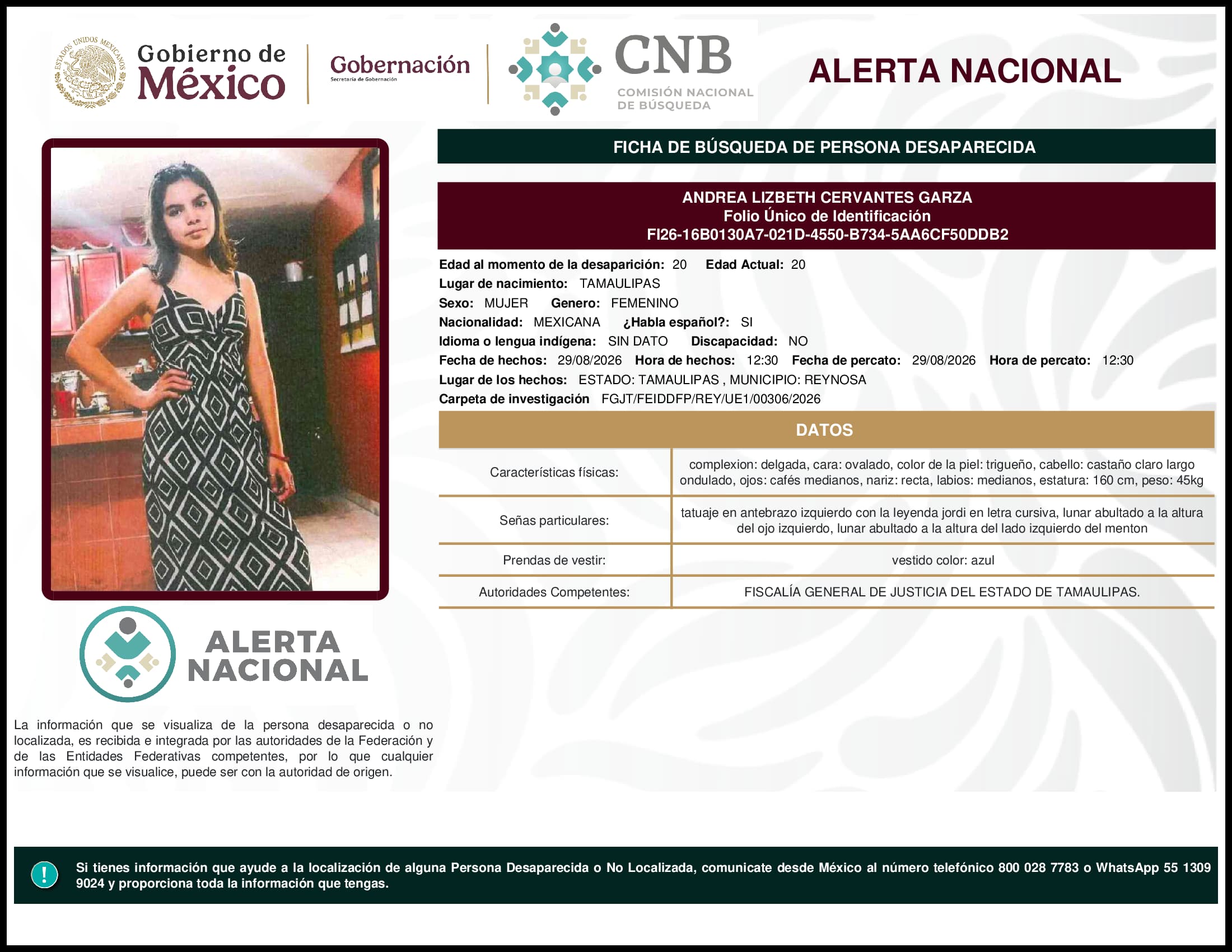 Persona desaparecida Andrea Lizbeth Cervantes Garza