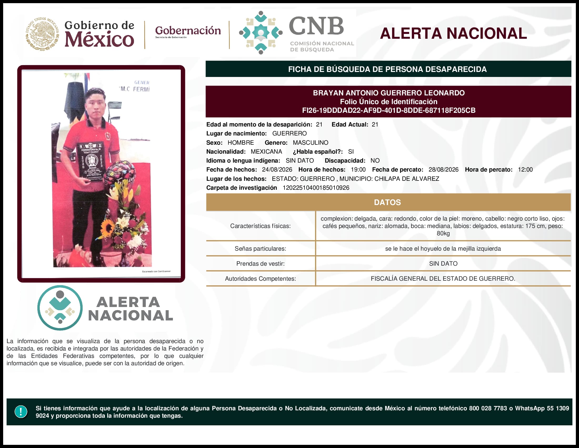 Persona desaparecida Brayan Antonio Guerrero Leonardo