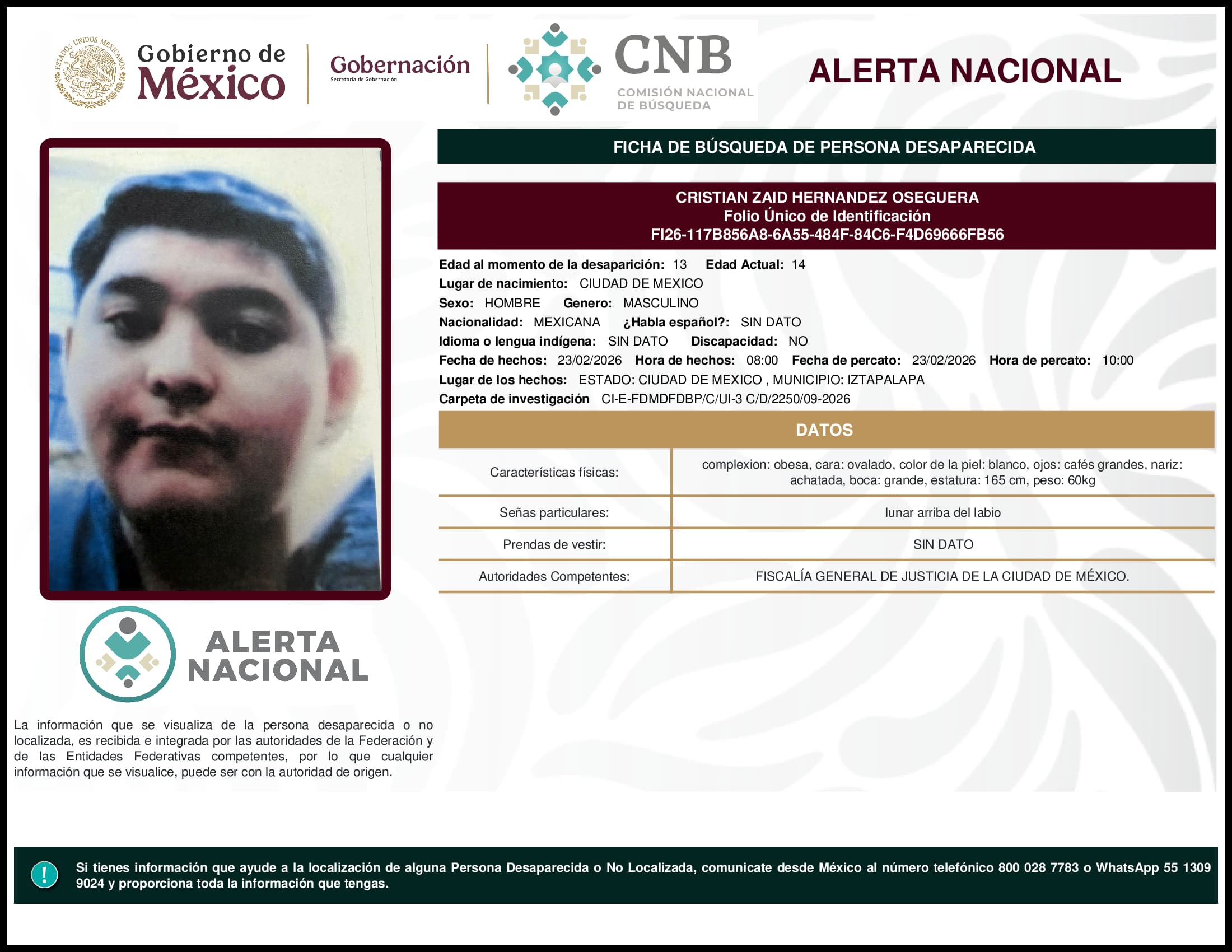 Persona desaparecida Cristian Zaid Hernandez Oseguera