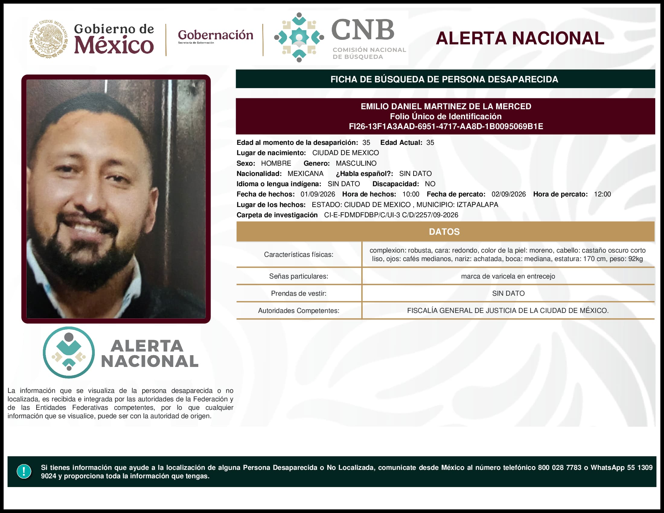Persona desaparecida Emilio Daniel Martinez De La Merced