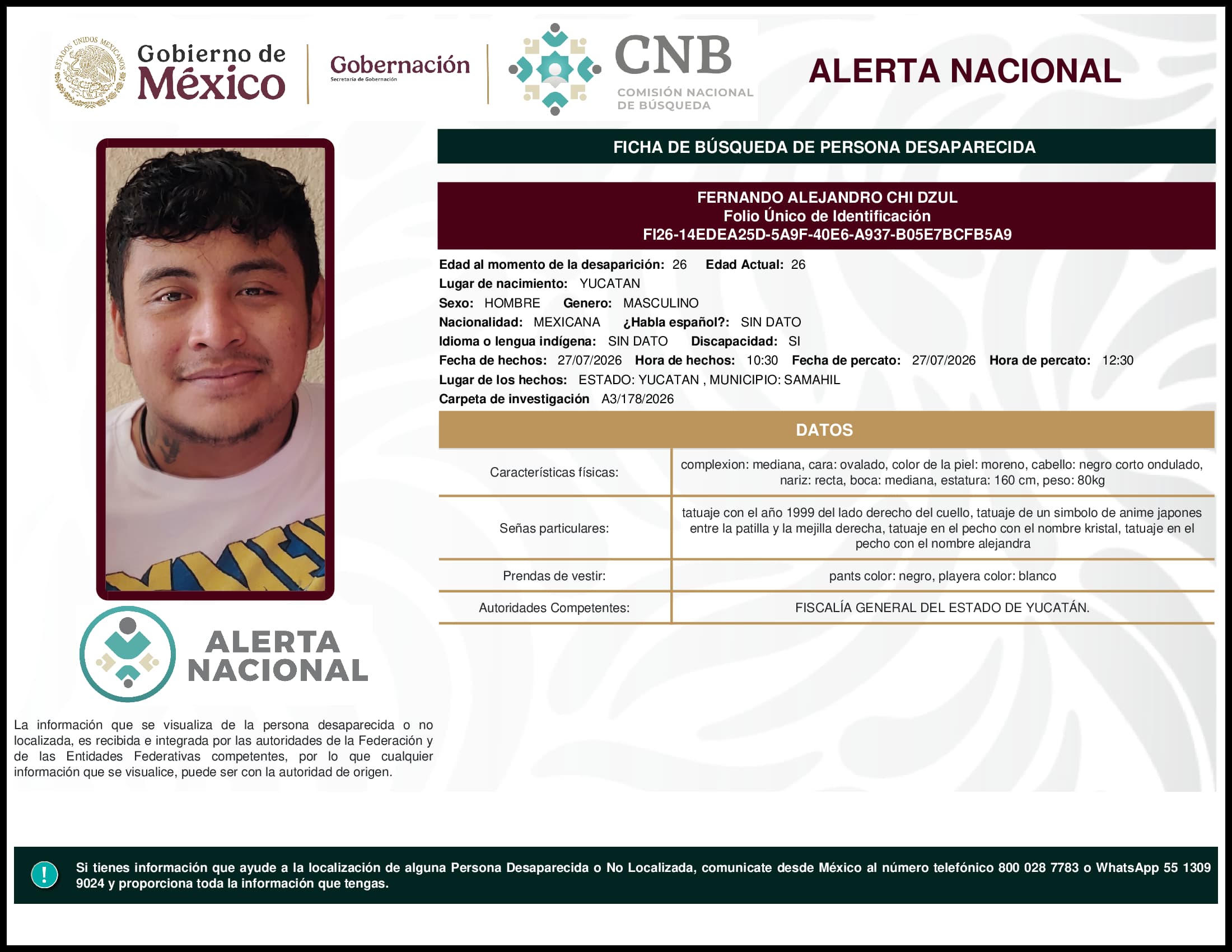 Persona desaparecida Fernando Alejandro Chi Dzul