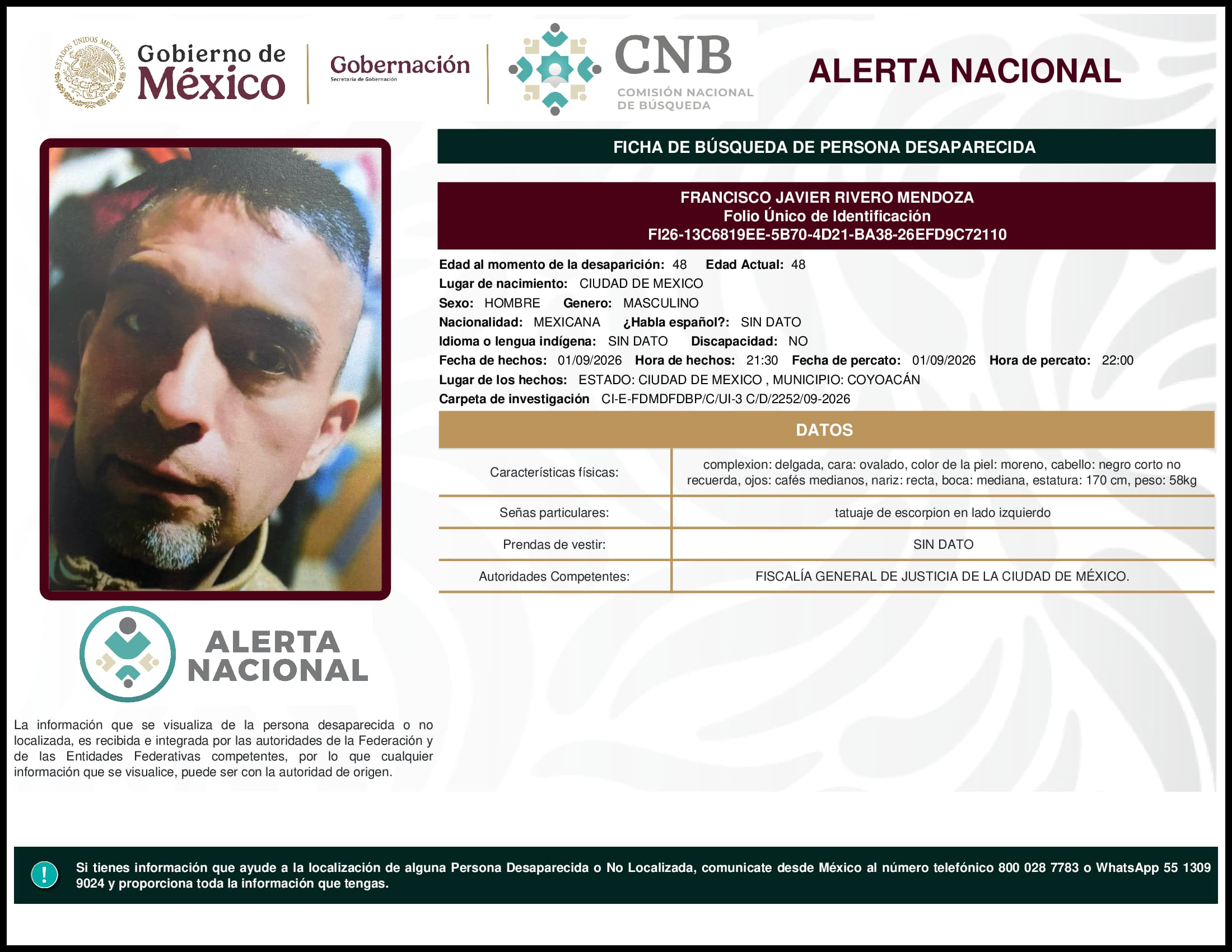 Persona desaparecida Francisco Javier Rivero Mendoza