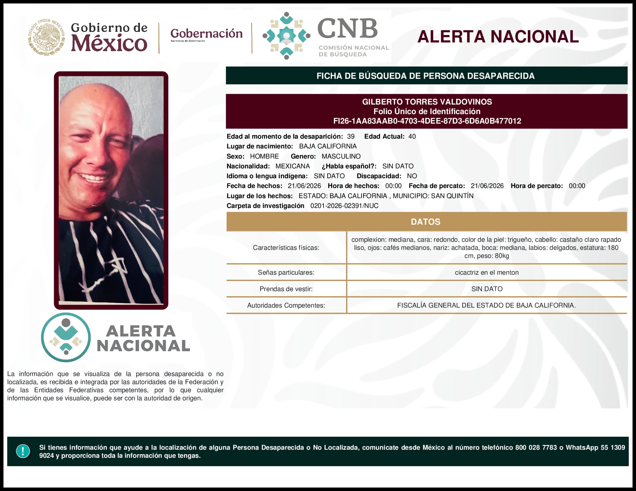 Persona desaparecida Gilberto Torres Valdovinos