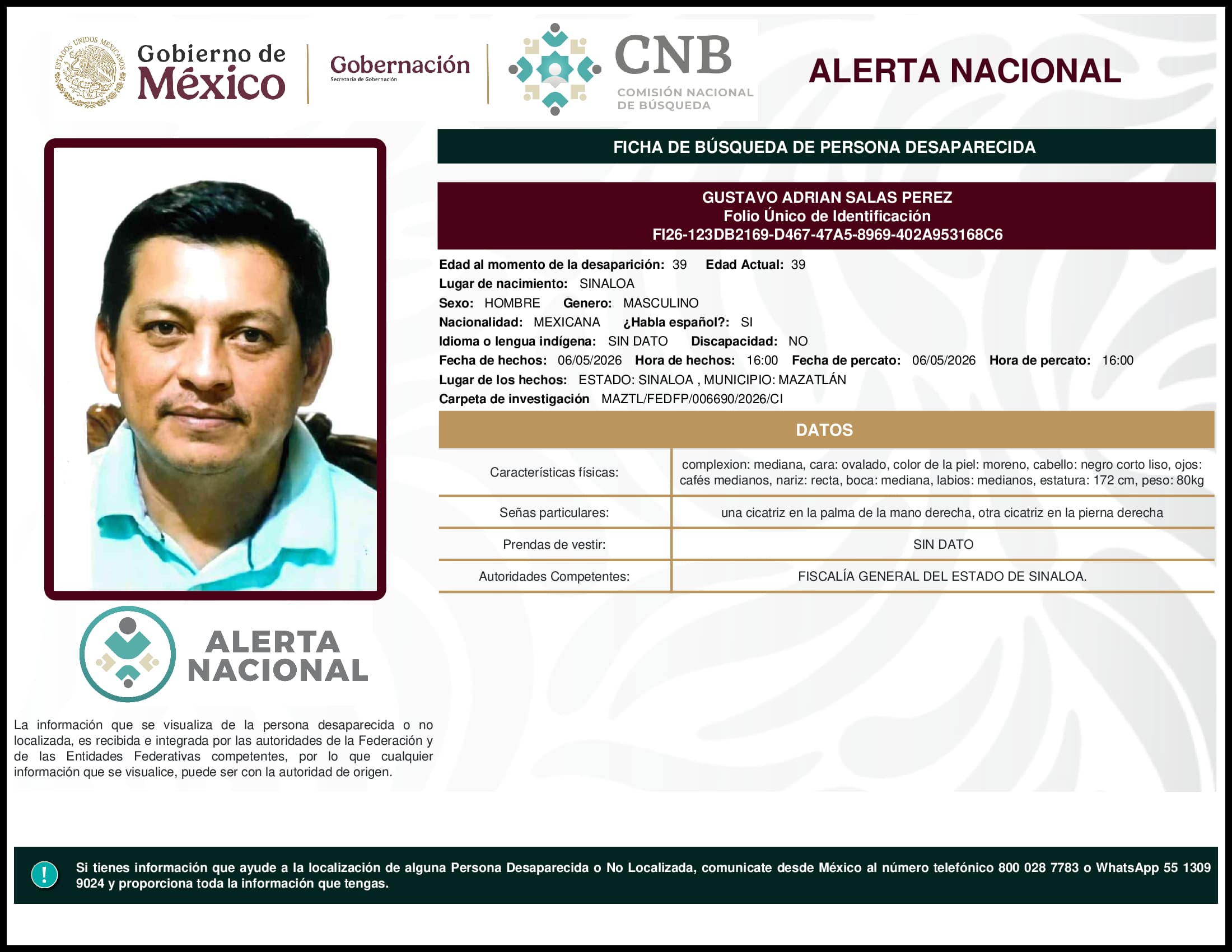 Persona desaparecida Gustavo Adrian Salas Perez
