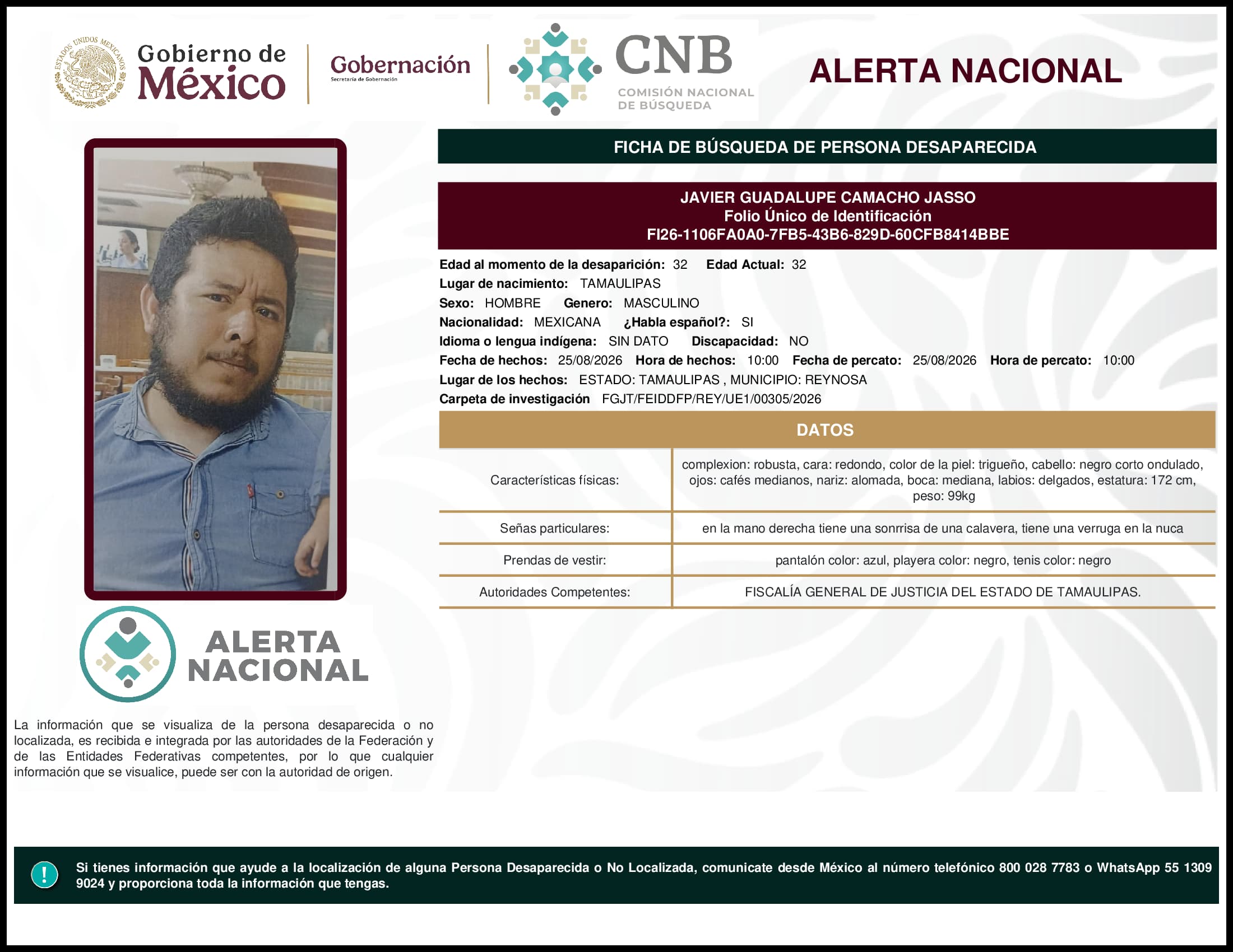 Persona desaparecida Javier Guadalupe Camacho Jasso