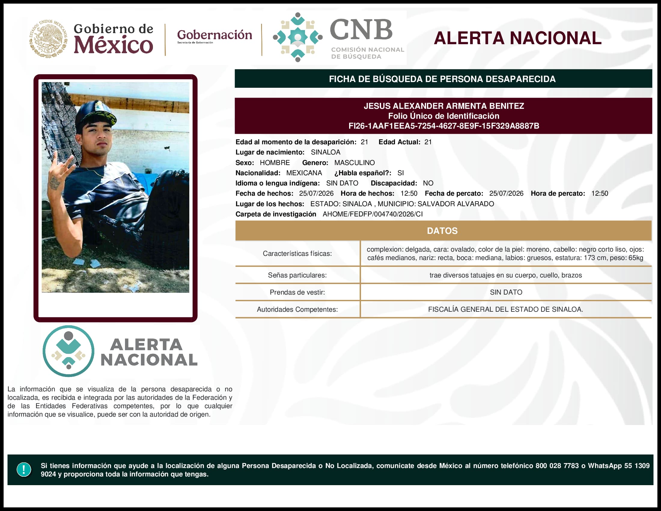 Persona desaparecida Jesus Alexander Armenta Benitez