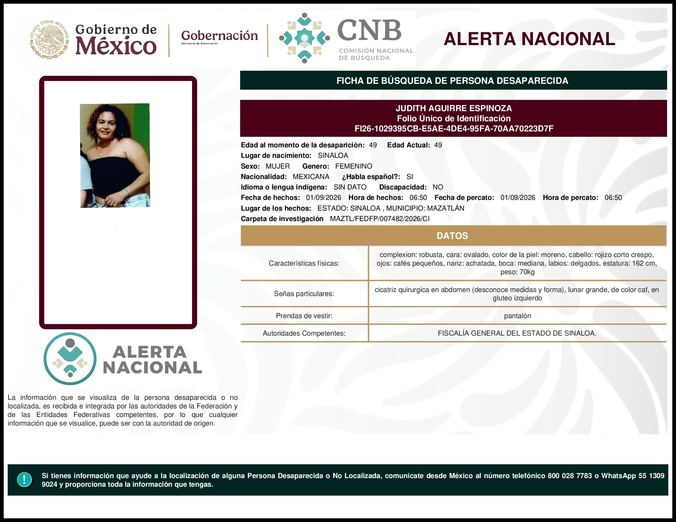 Persona desaparecida Judith Aguirre Espinoza