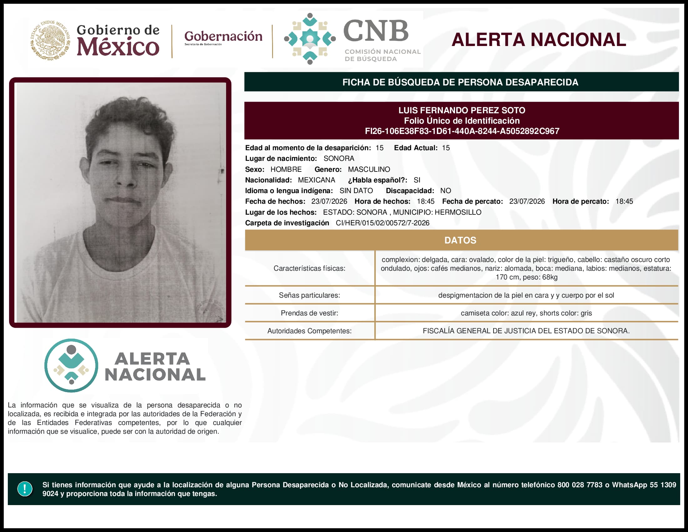 Persona desaparecida Luis Fernando Perez Soto