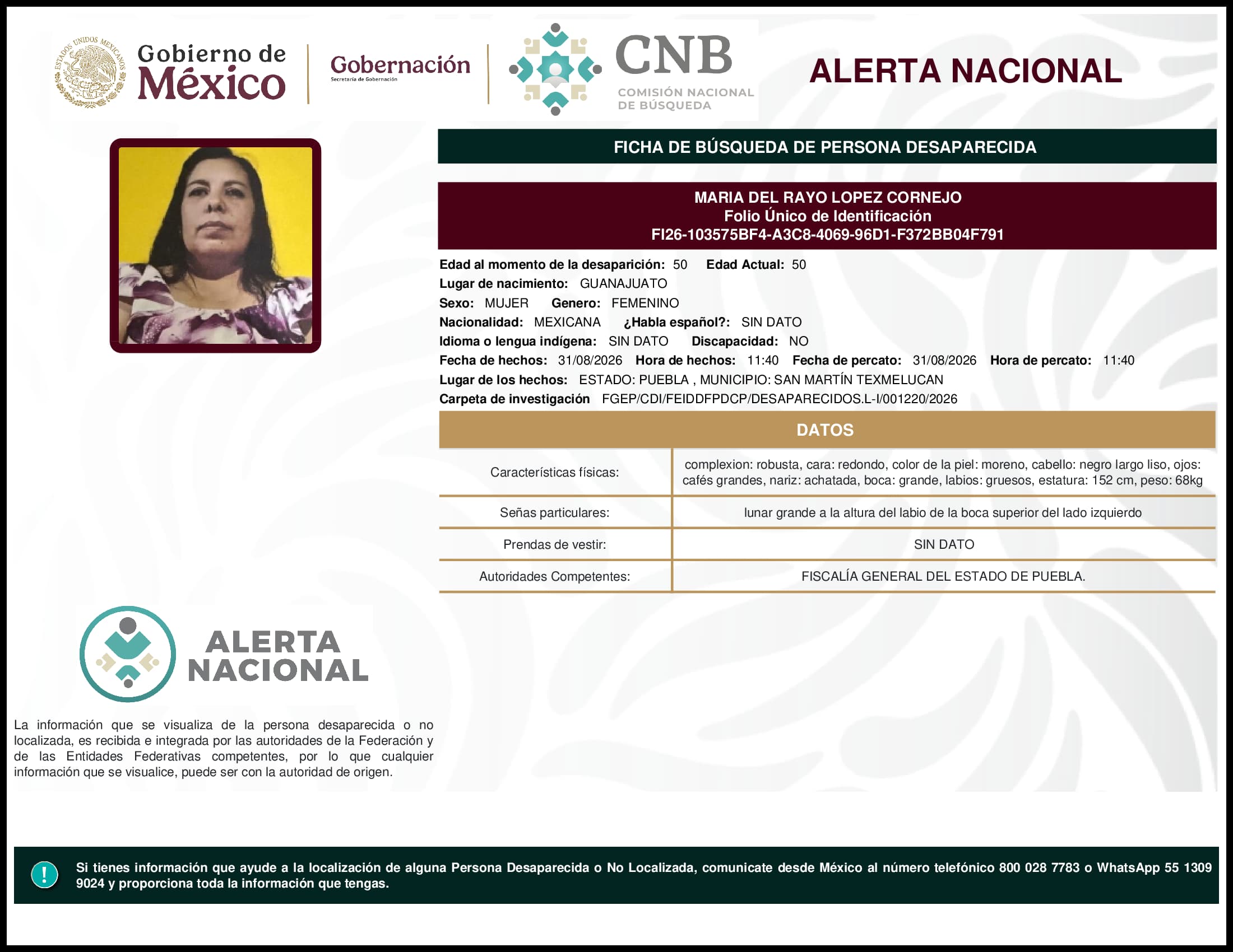 Persona desaparecida Maria Del Rayo Lopez Cornejo
