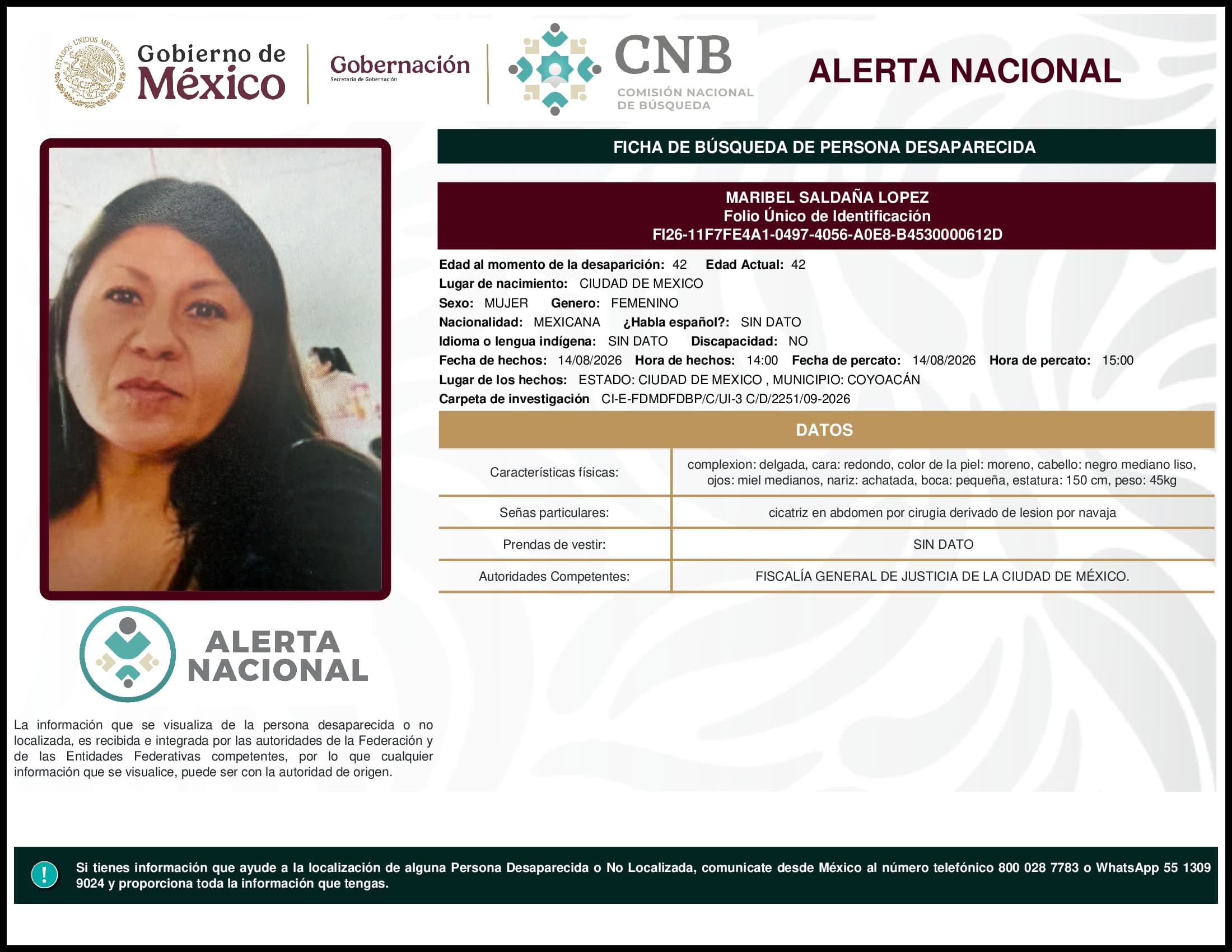 Persona desaparecida Maribel Saldana Lopez