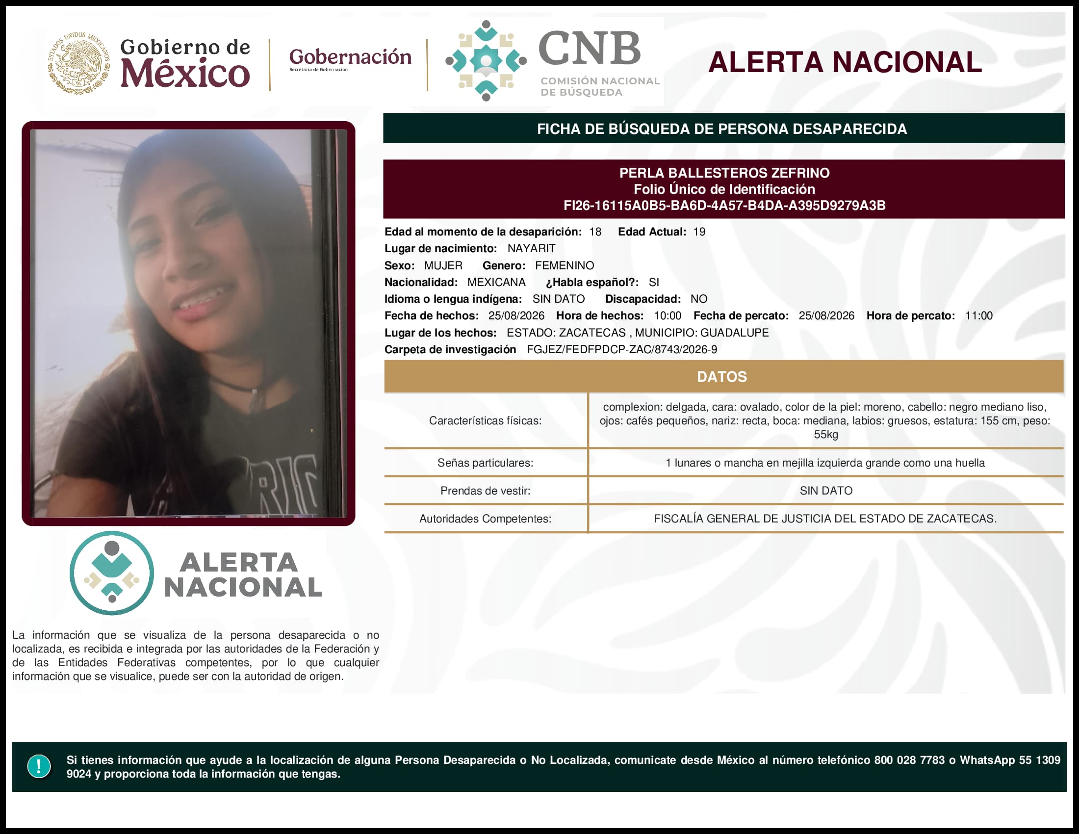 Persona desaparecida Perla Ballesteros Zefrino