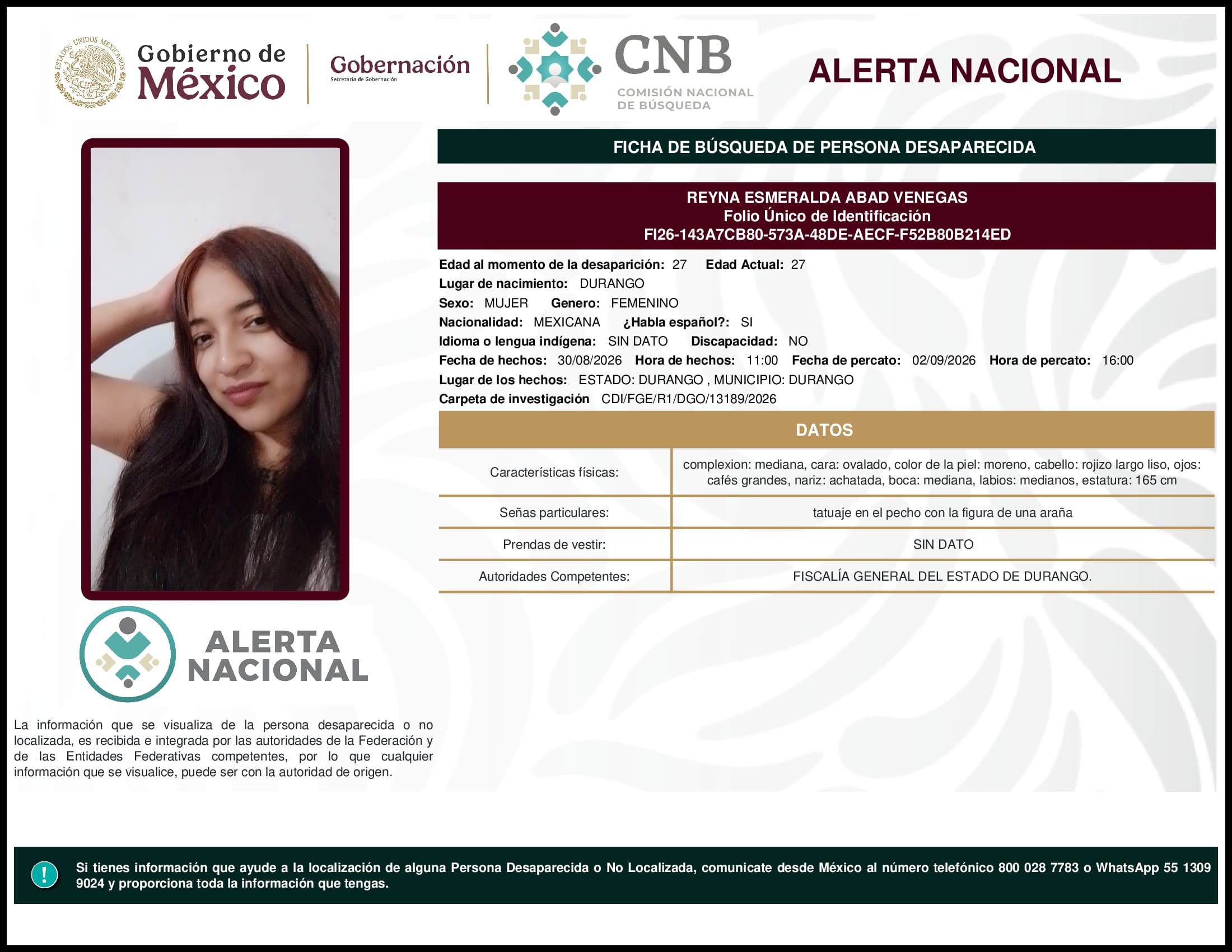 Persona desaparecida Reyna Esmeralda Abad Venegas