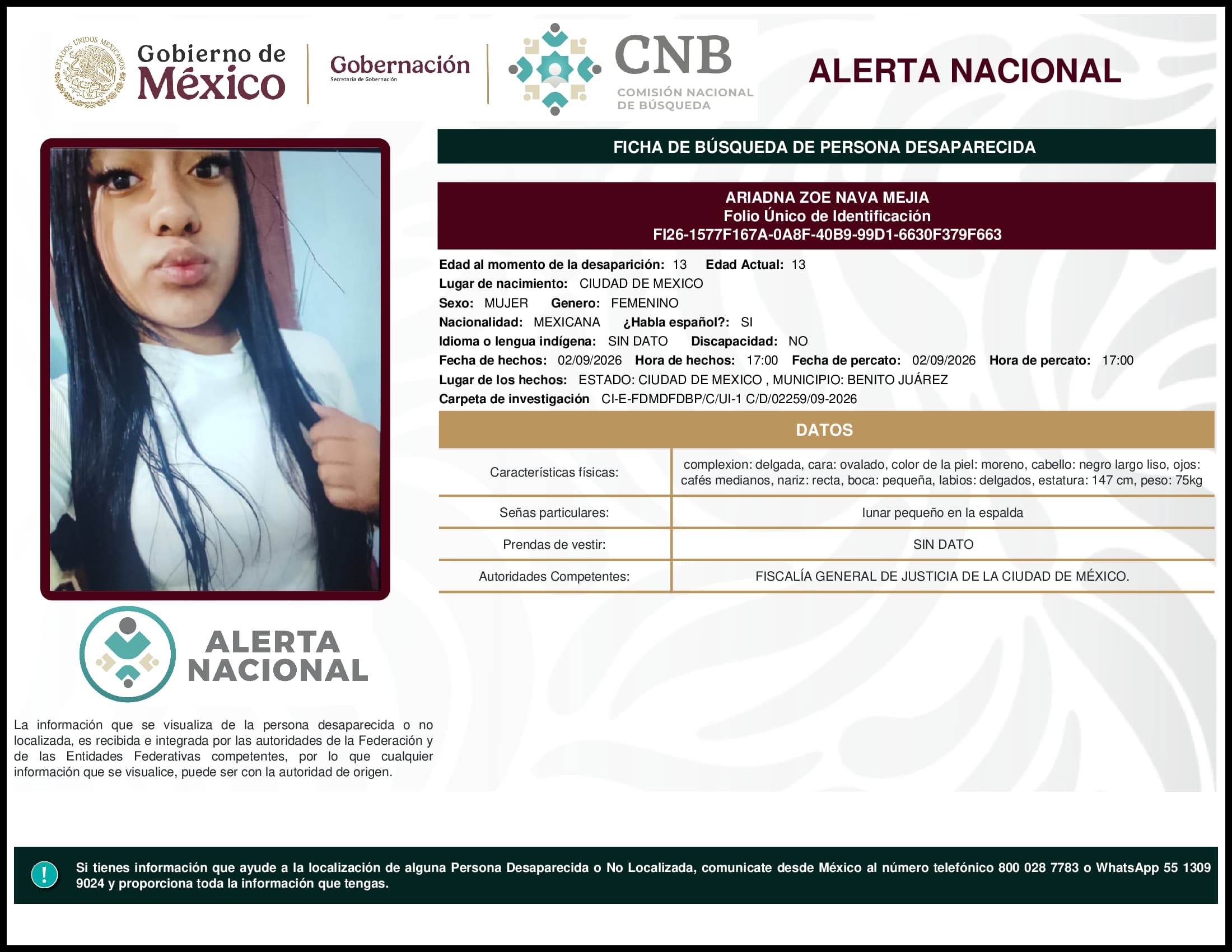 Persona desaparecida Ariadna Zoe Nava Mejia