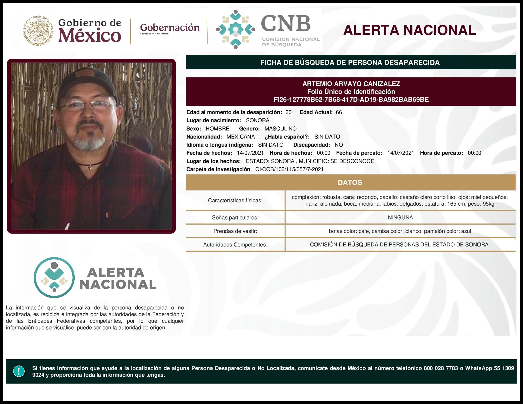 Persona desaparecida Artemio Arvayo Canizalez