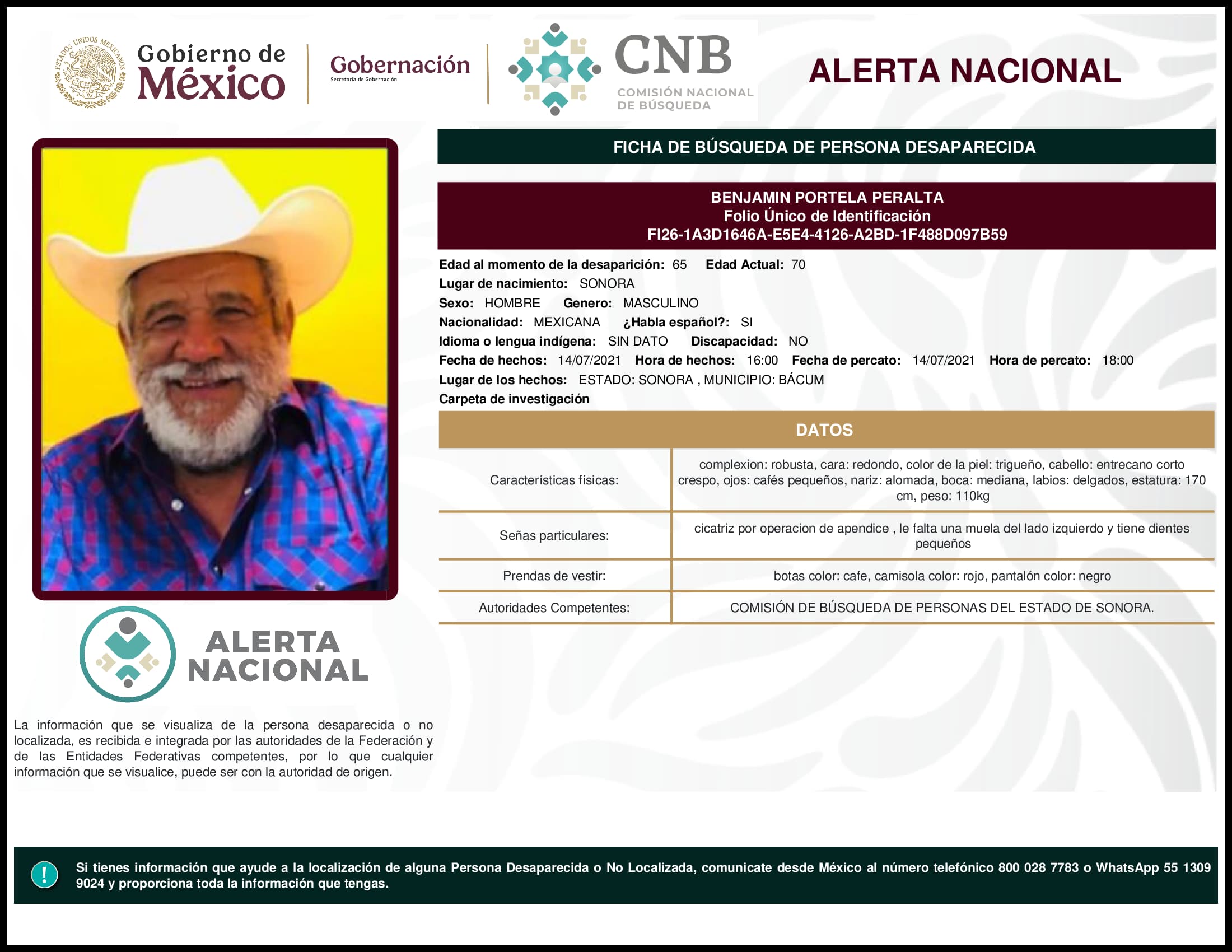 Persona desaparecida Benjamin Portela Peralta
