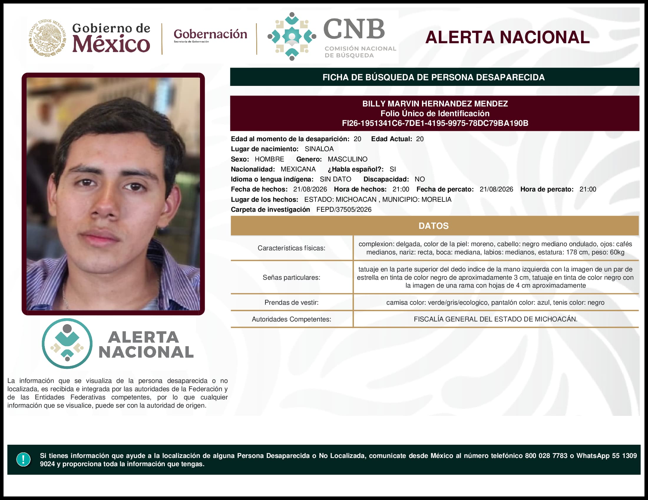 Persona desaparecida Billy Marvin Hernandez Mendez