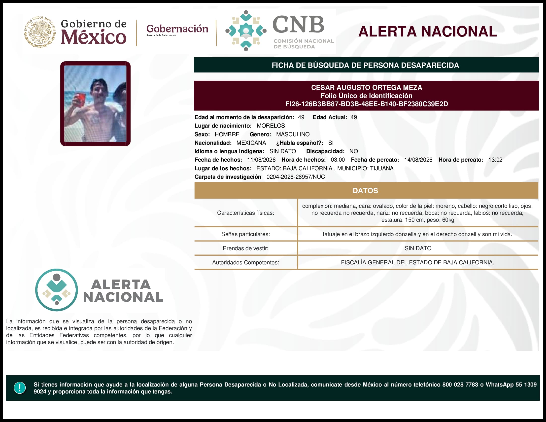 Persona desaparecida Cesar Augusto Ortega Meza
