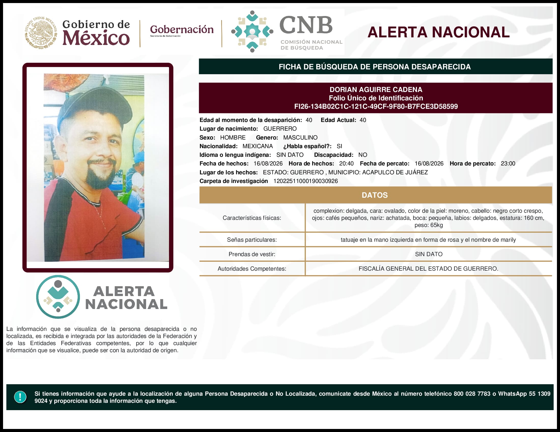 Persona desaparecida Dorian Aguirre Cadena