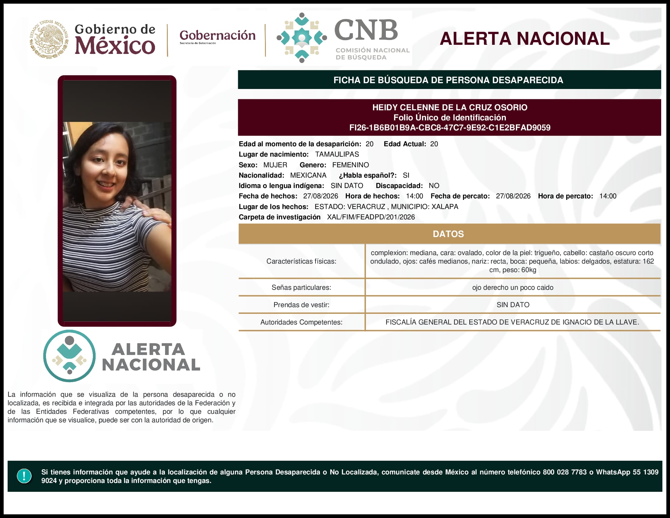 Persona desaparecida Heidy Celenne De La Cruz Osorio