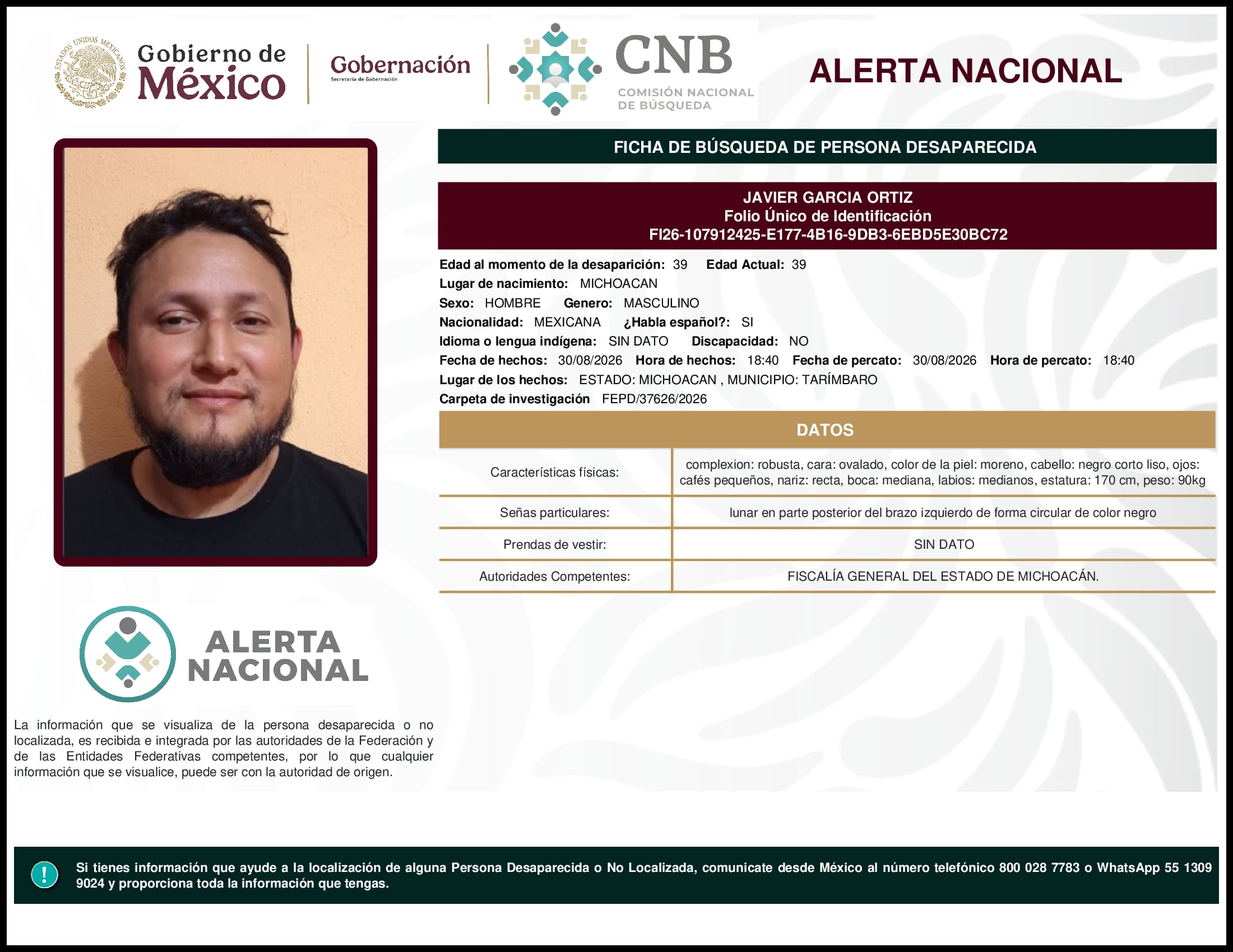 Persona desaparecida Javier Garcia Ortiz