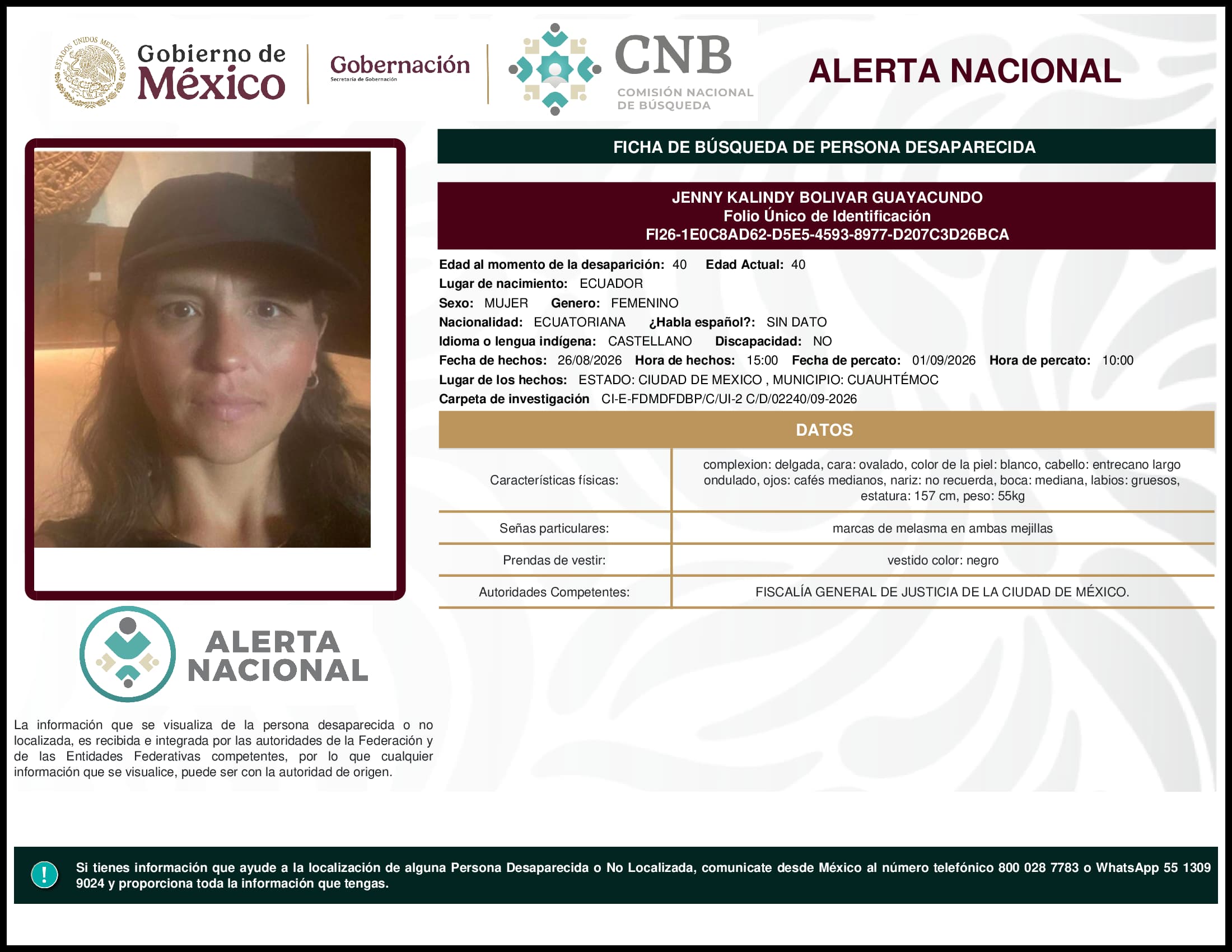 Persona desaparecida Jenny Kalindy Bolivar Guayacundo