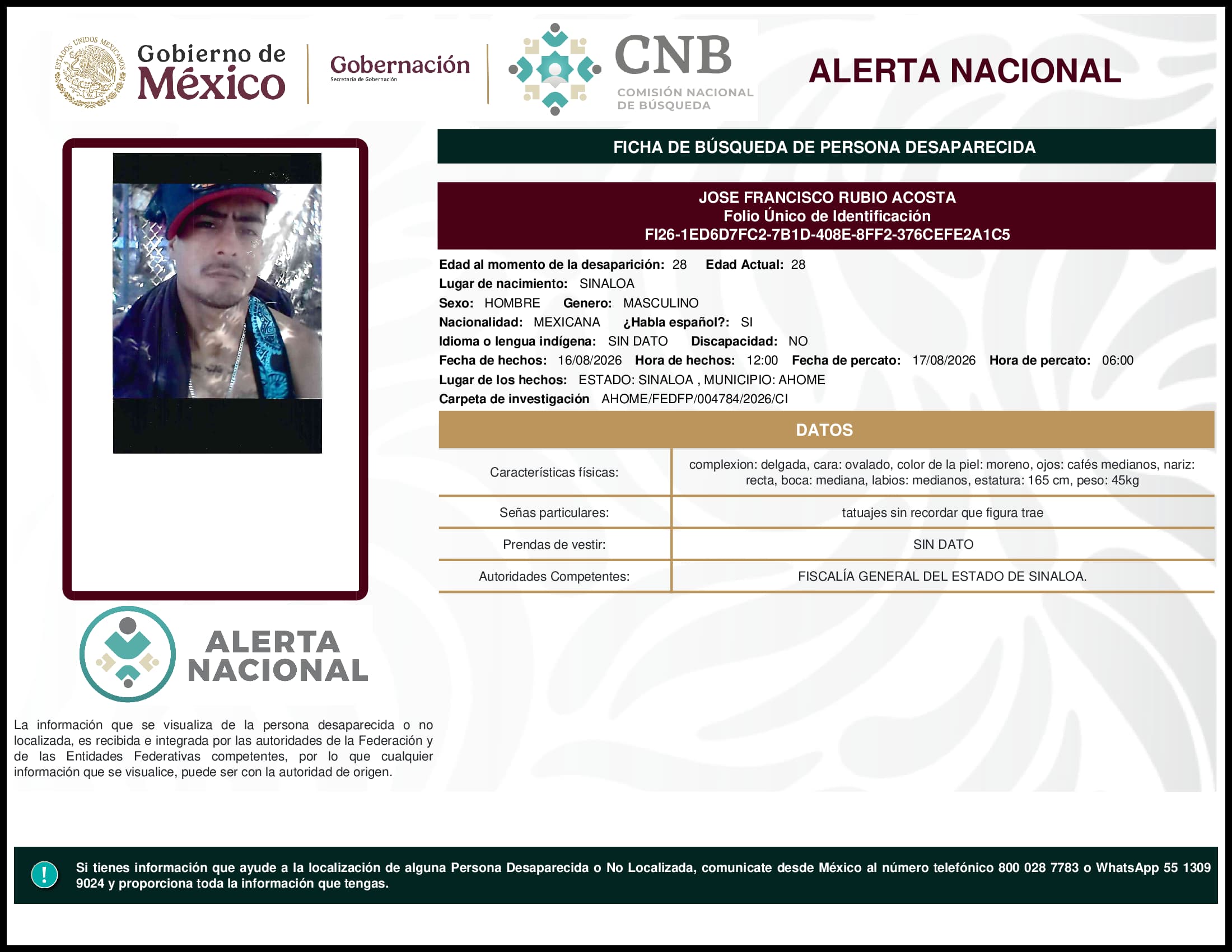 Persona desaparecida Jose Francisco Rubio Acosta