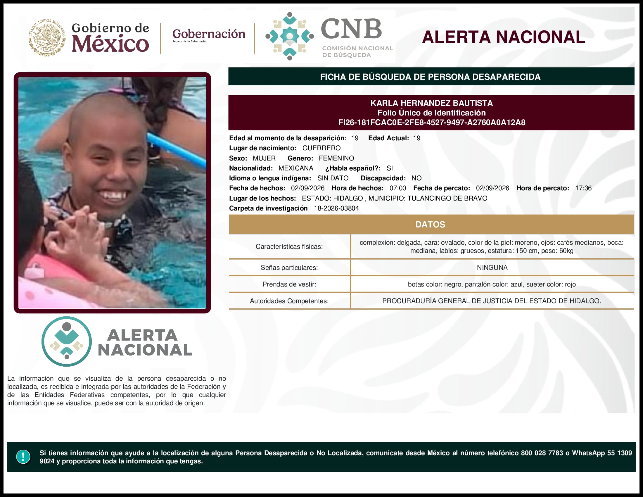 Persona desaparecida Karla Hernandez Bautista