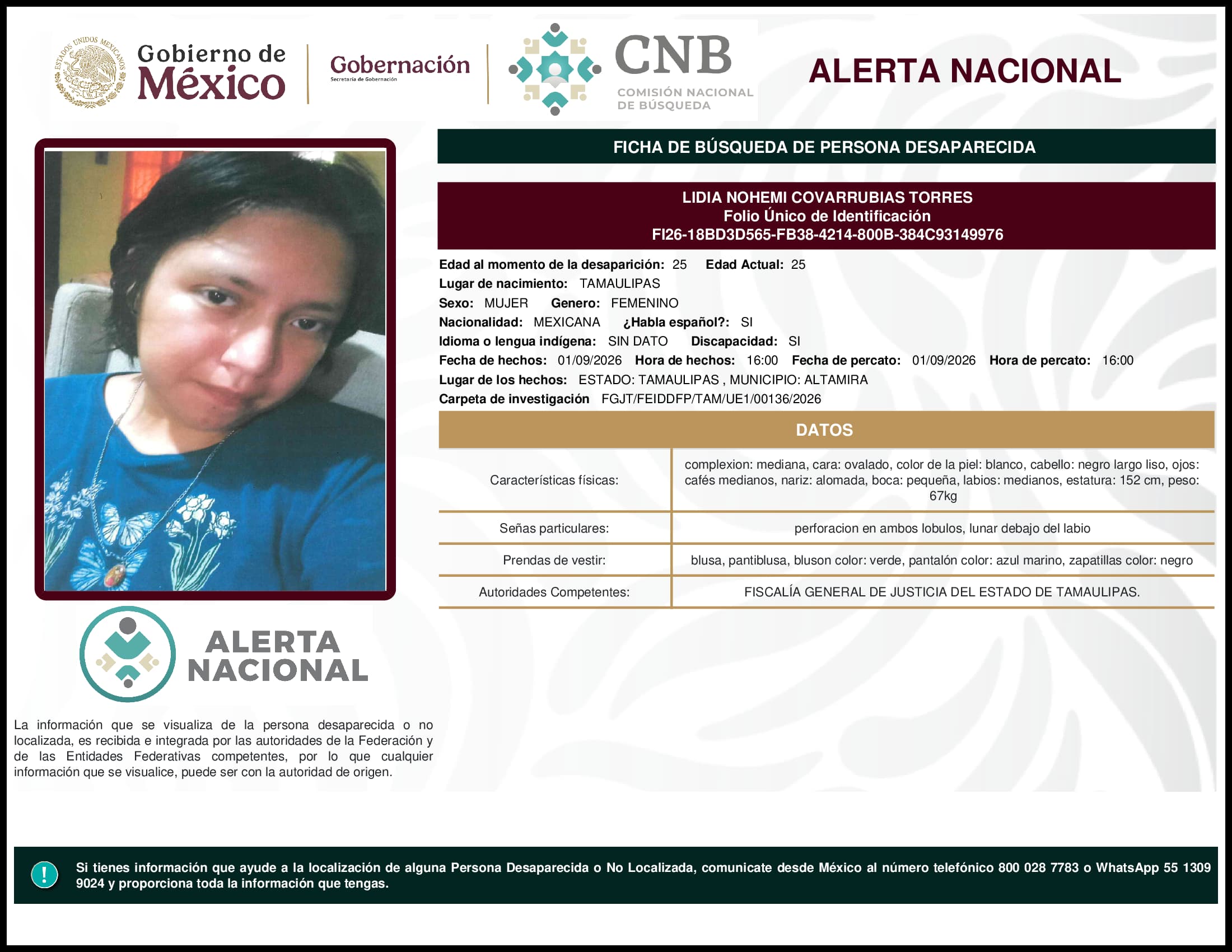 Persona desaparecida Lidia Nohemi Covarrubias Torres