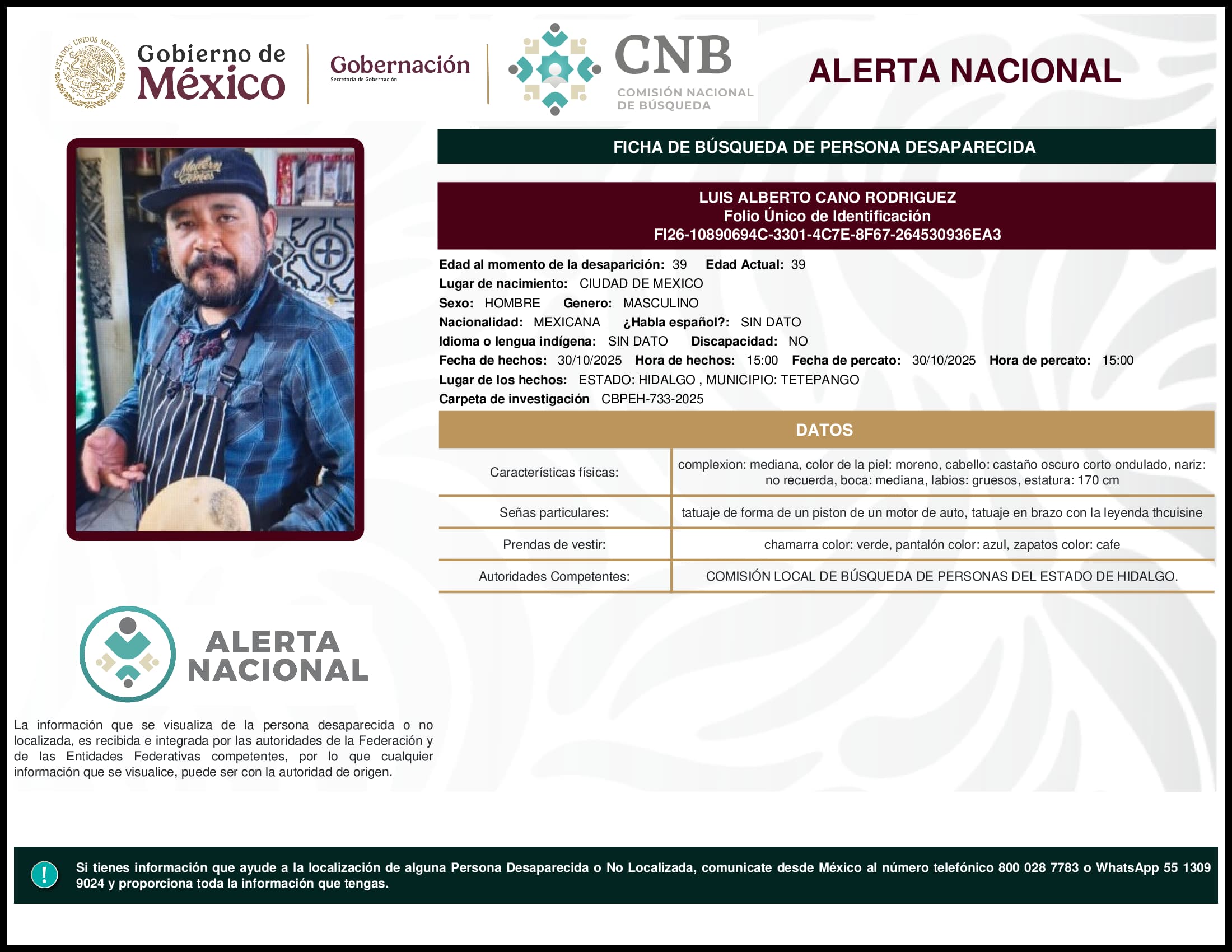 Persona desaparecida Luis Alberto Cano Rodriguez