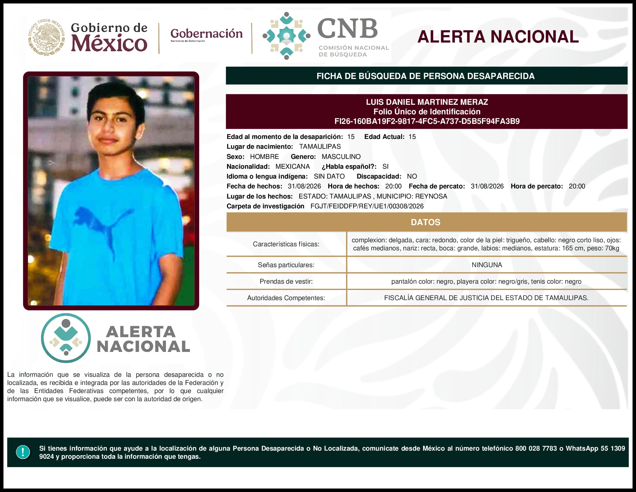 Persona desaparecida Luis Daniel Martinez Meraz