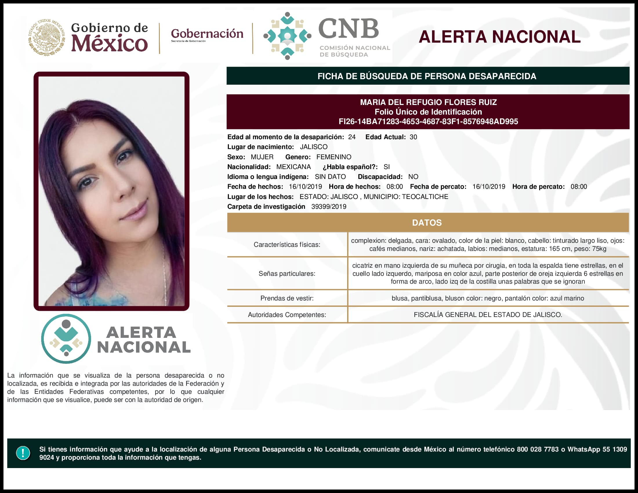 Persona desaparecida Maria Del Refugio Flores Ruiz