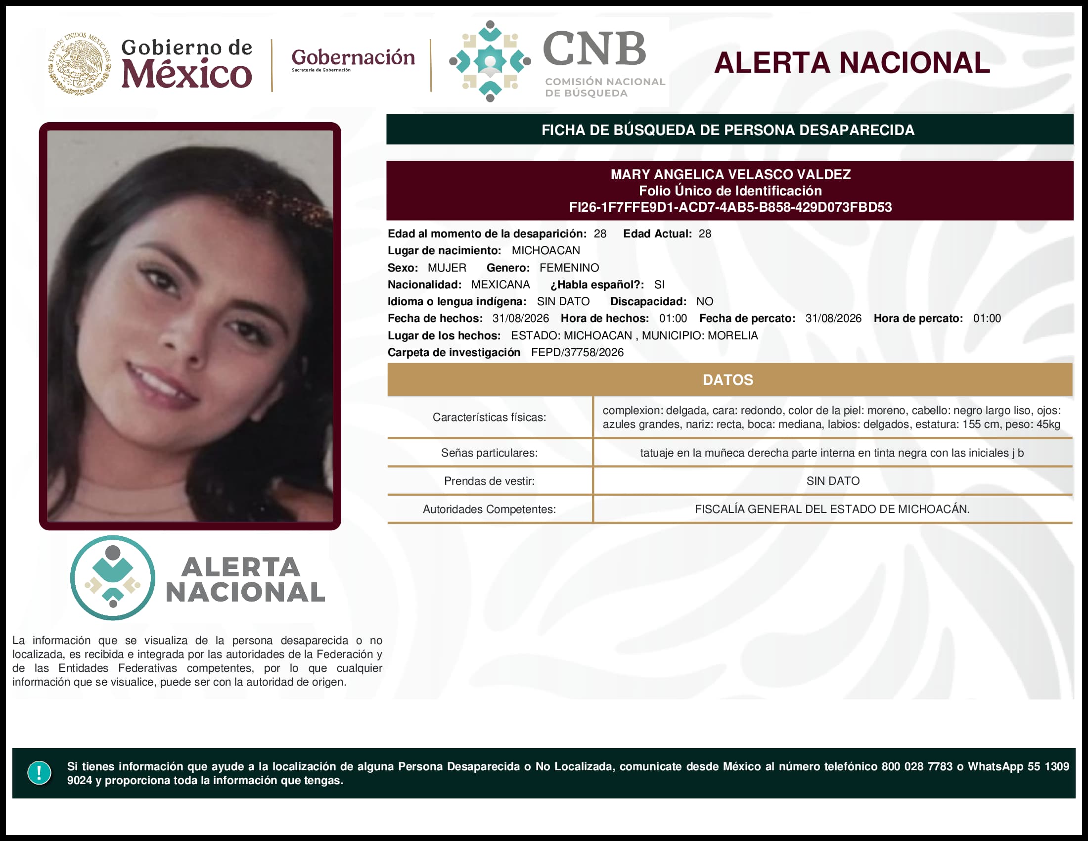 Persona desaparecida Mary Angelica Velasco Valdez