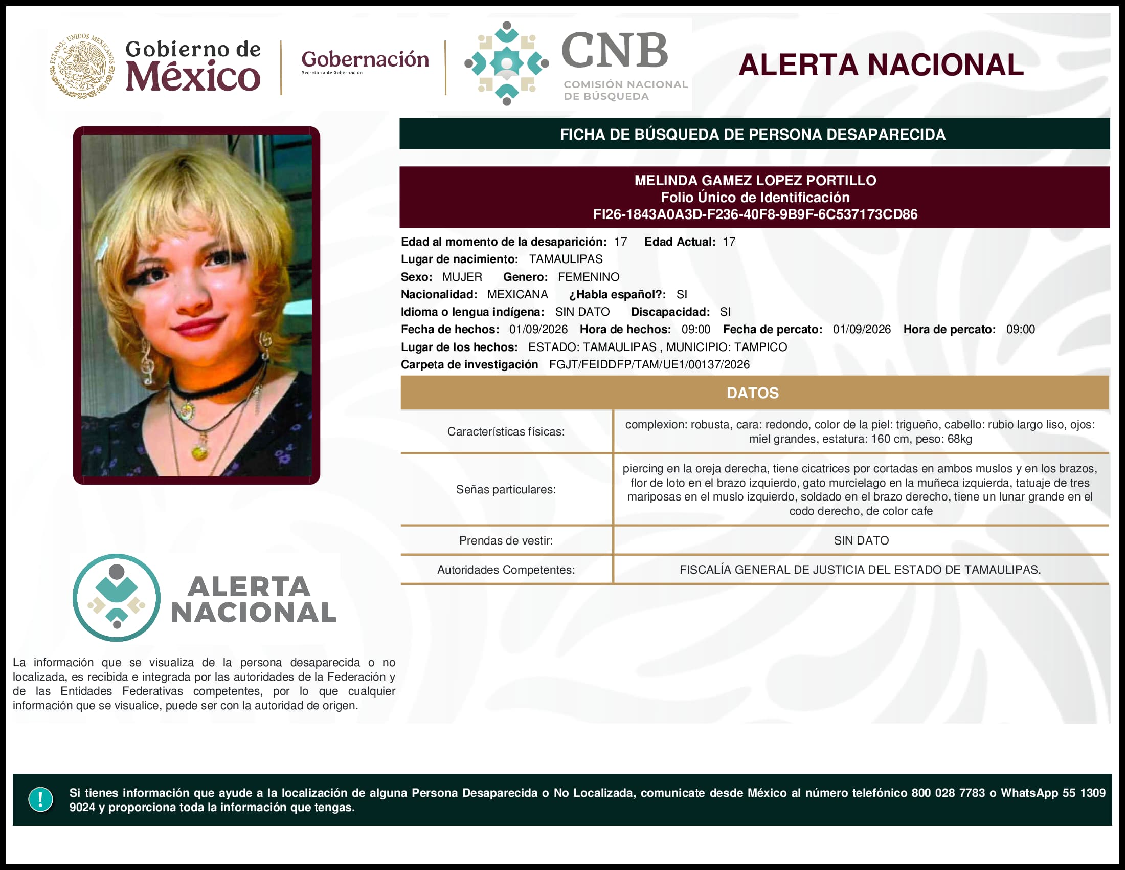 Persona desaparecida Melinda Gamez Lopez Portillo